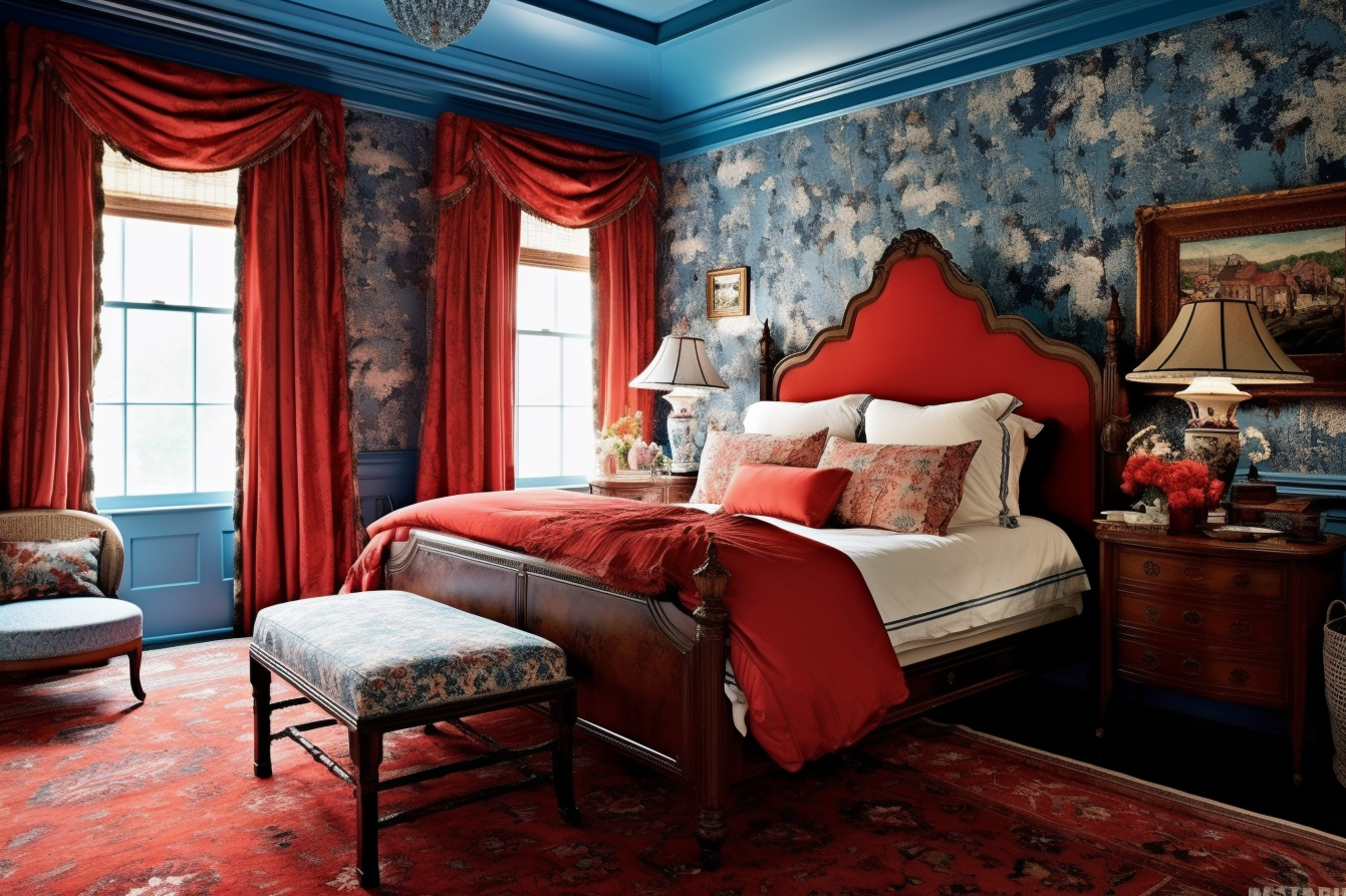 2. Red and Blue Color Scheme - Traditional Bedroom