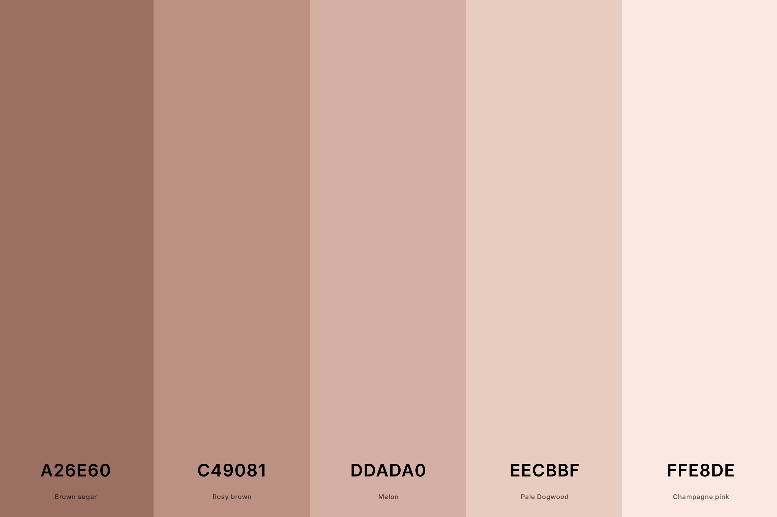 2. Rose Gold Color Palette Color Palette with Brown Sugar (Hex #A26E60) + Rosy Brown (Hex #C49081) + Melon (Hex #DDADA0) + Pale Dogwood (Hex #EECBBF) + Champagne Pink (Hex #FFE8DE) Color Palette with Hex Codes