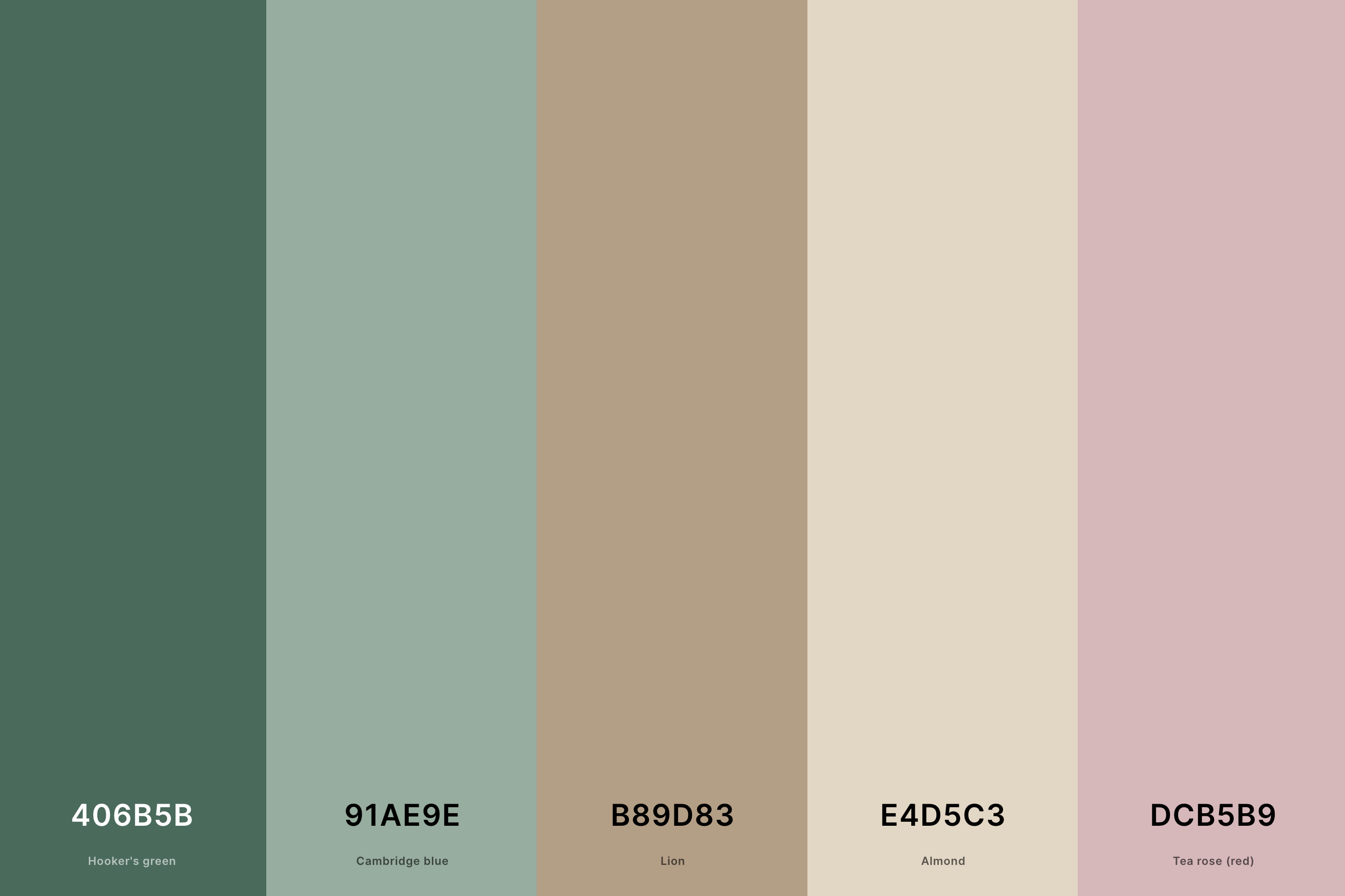 2. Sage Green Wedding Color Palette Color Palette with Hooker'S Green (Hex #406B5B) + Cambridge Blue (Hex #91AE9E) + Lion (Hex #B89D83) + Almond (Hex #E4D5C3) + Tea Rose (Red) (Hex #DCB5B9) Color Palette with Hex Codes