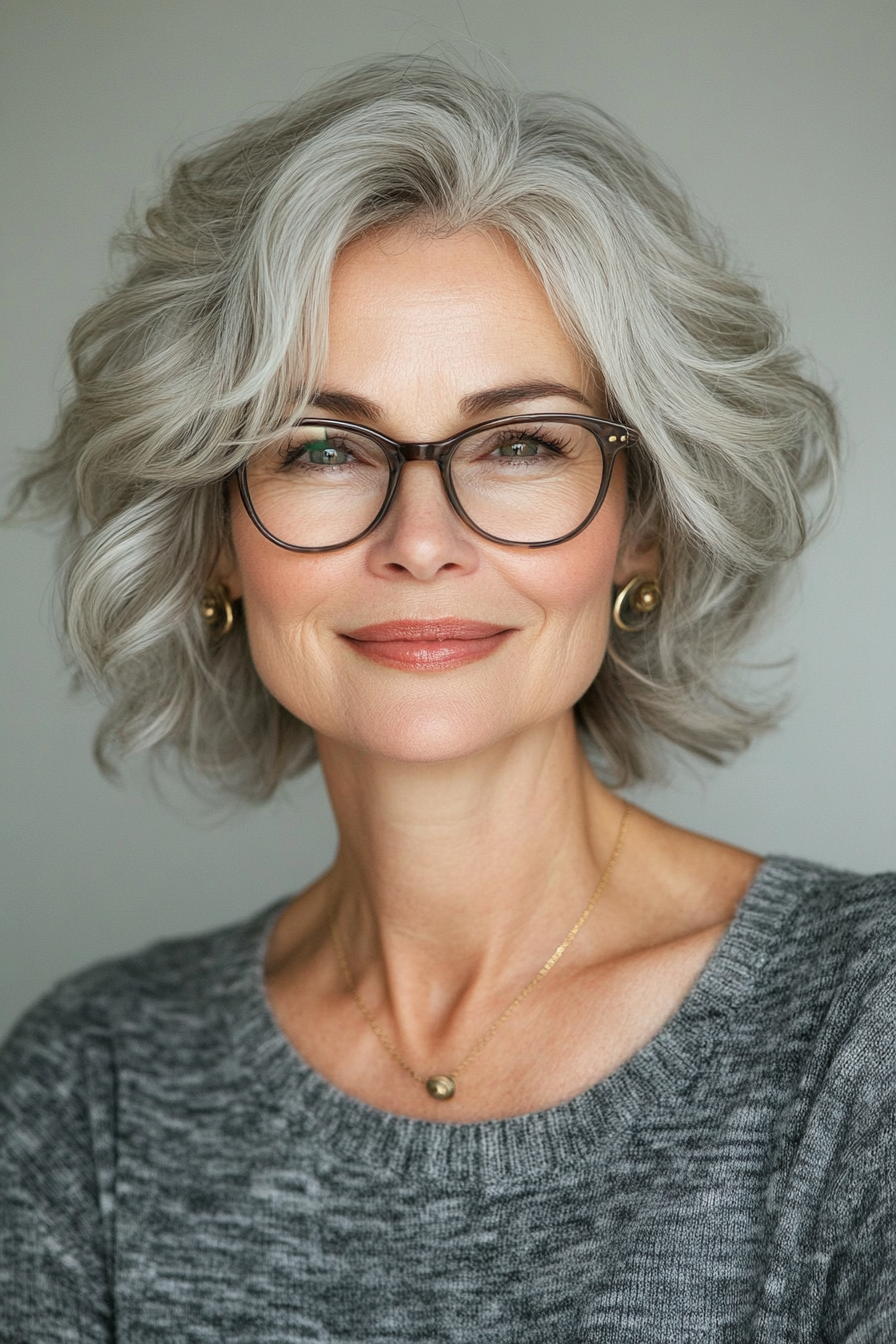 2. Salt-and-Pepper Wavy Bob (Short Hairstyles For Women Over 60 With Glasses) - Short Hairstyles For Women Over 60 With Glasses