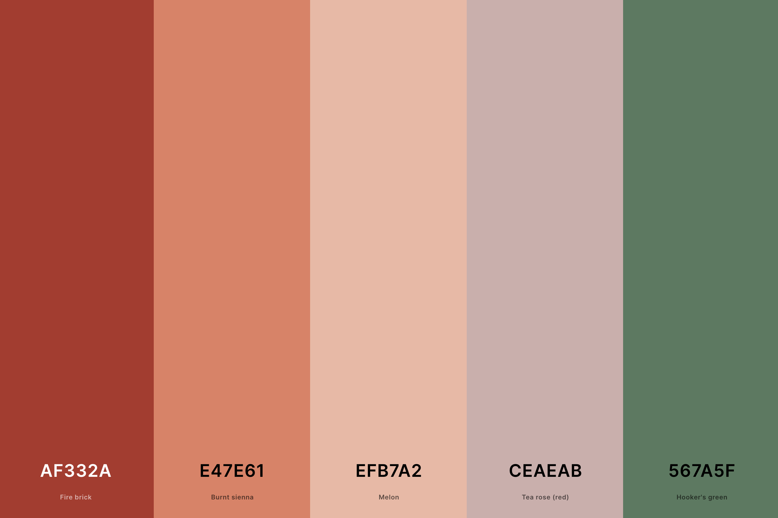 2. Terracotta Wedding Color Palette Color Palette with Fire Brick (Hex #AF332A) + Burnt Sienna (Hex #E47E61) + Melon (Hex #EFB7A2) + Tea Rose (Red) (Hex #CEAEAB) + Hooker'S Green (Hex #567A5F) Color Palette with Hex Codes