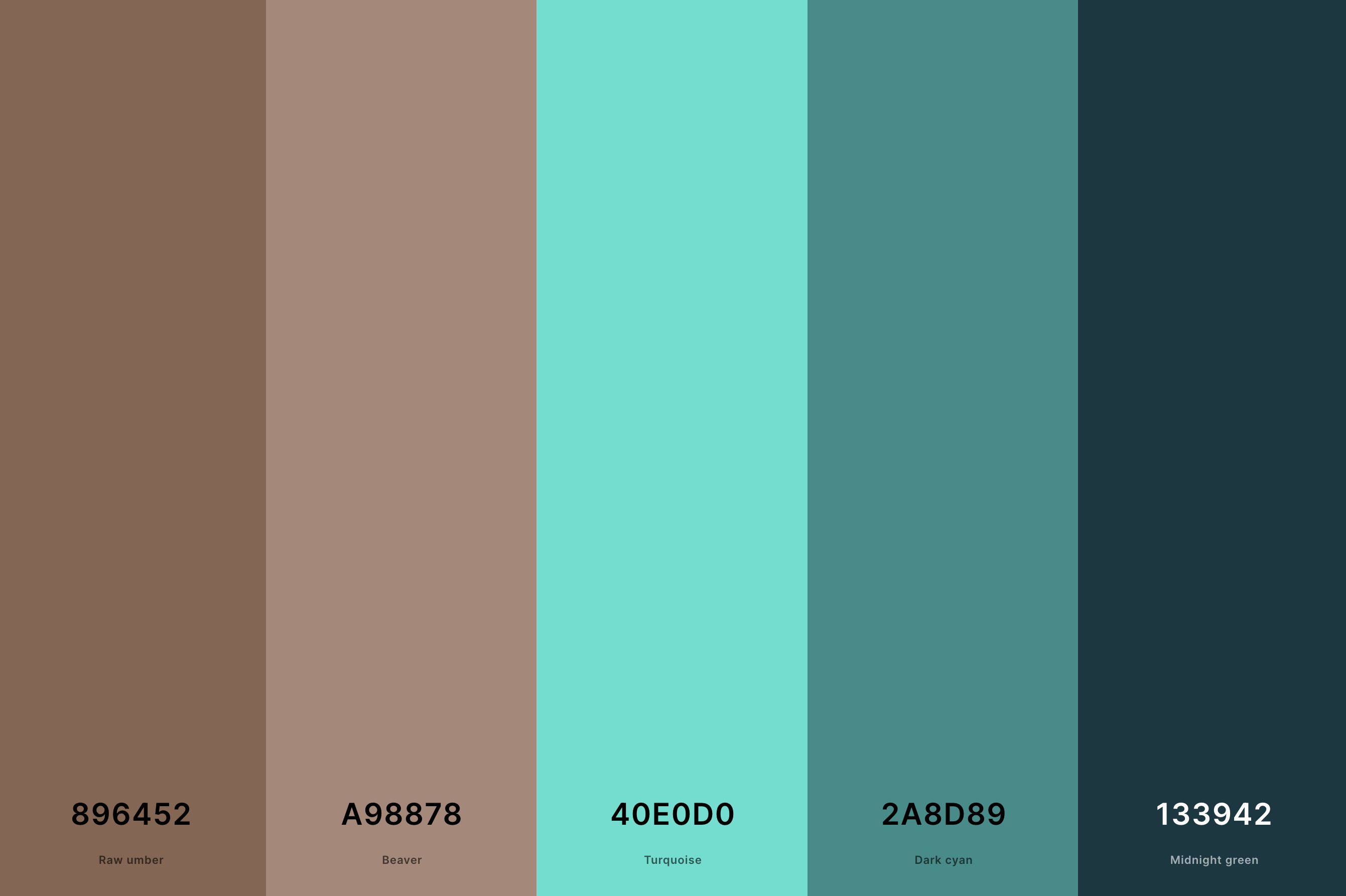 2. Turquoise And Brown Color Palette Color Palette with Raw Umber (Hex #896452) + Beaver (Hex #A98878) + Turquoise (Hex #40E0D0) + Dark Cyan (Hex #2A8D89) + Midnight Green (Hex #133942) Color Palette with Hex Codes