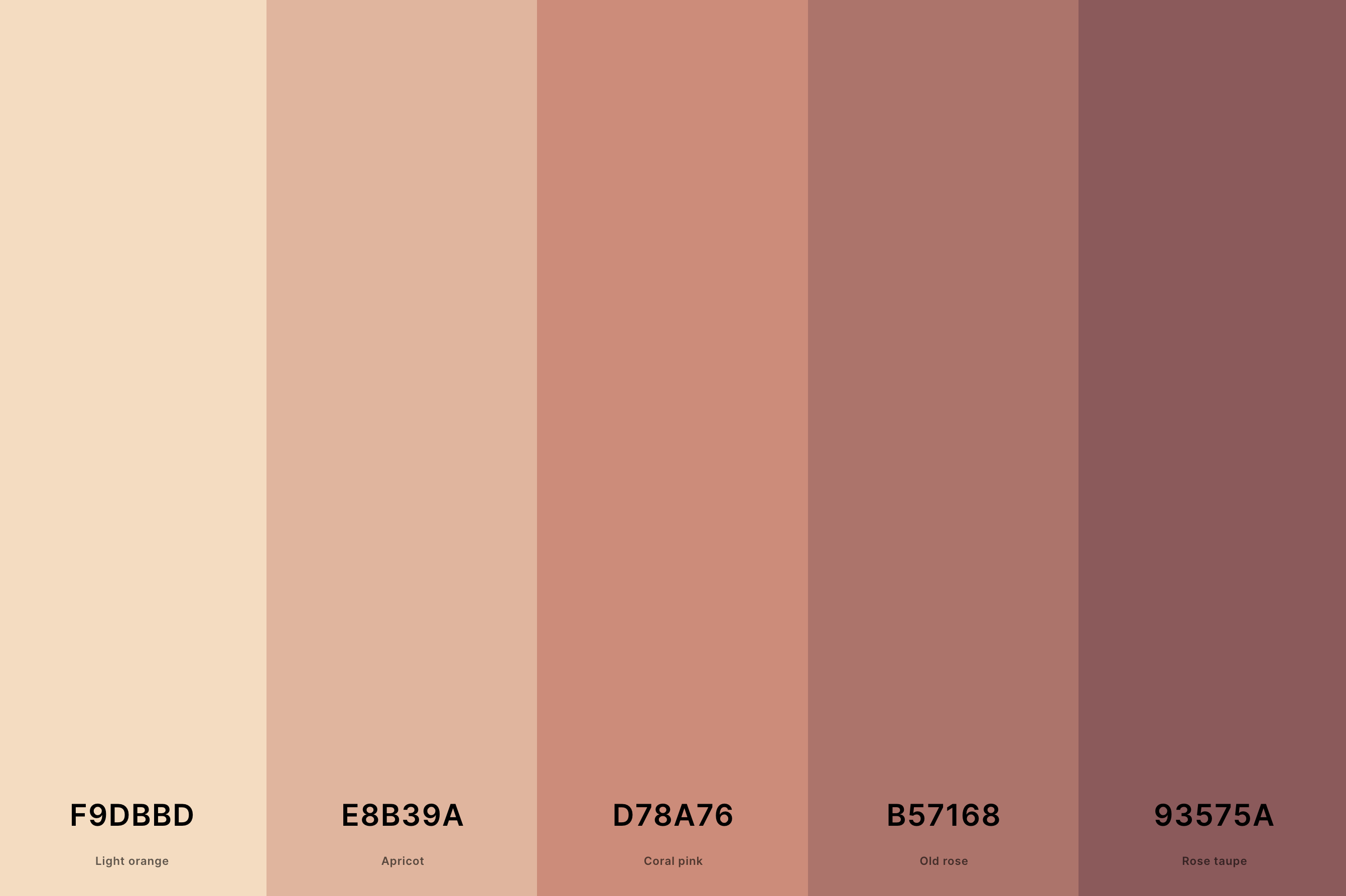 2. Warm Neutral Color Palette Color Palette with Light Orange (Hex #F9DBBD) + Apricot (Hex #E8B39A) + Coral Pink (Hex #D78A76) + Old Rose (Hex #B57168) + Rose Taupe (Hex #93575A) Color Palette with Hex Codes