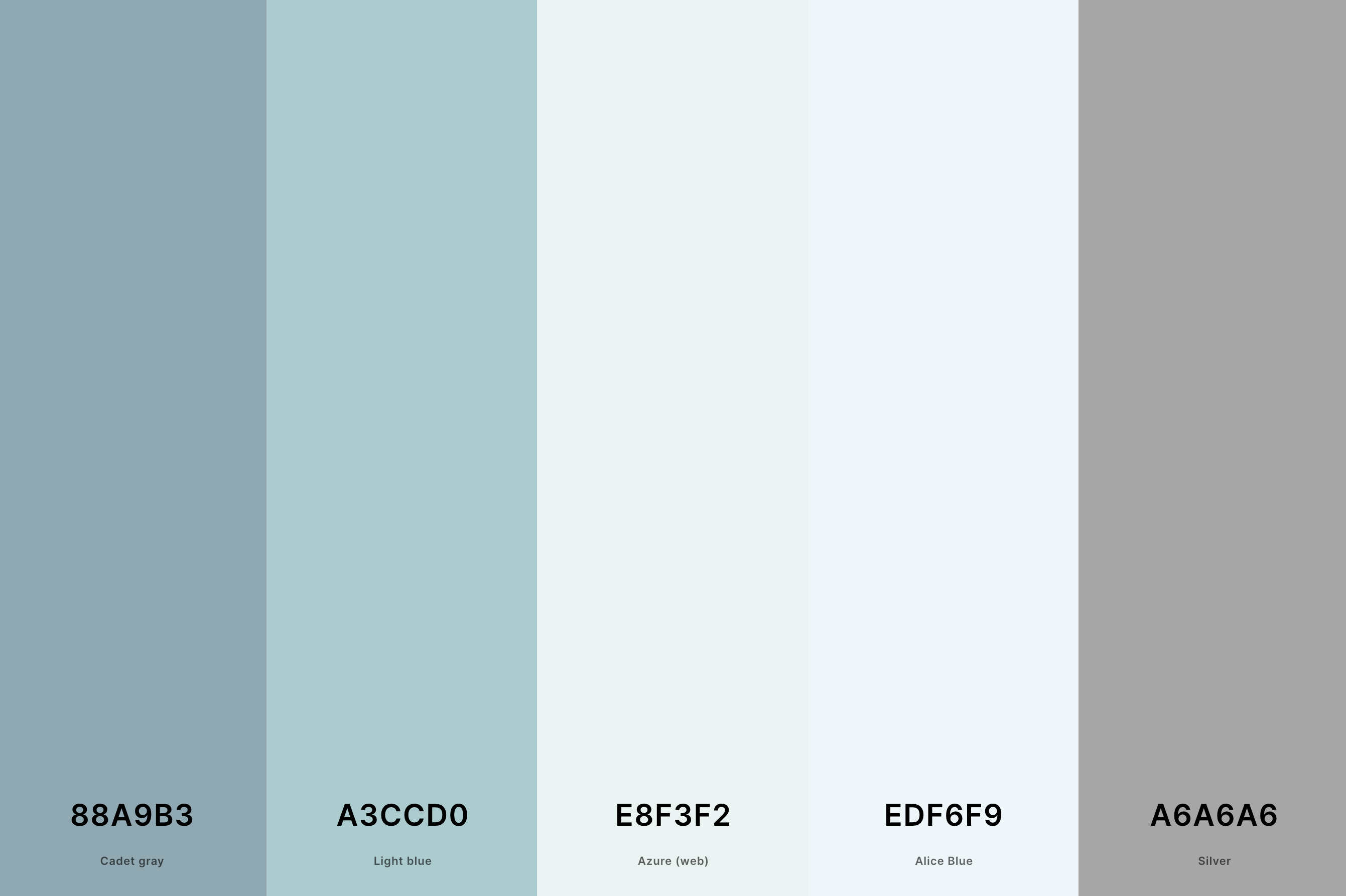 20. Aesthetic White Color Palette Color Palette with Cadet Gray (Hex #88A9B3) + Light Blue (Hex #A3CCD0) + Azure (Web) (Hex #E8F3F2) + Alice Blue (Hex #EDF6F9) + Silver (Hex #A6A6A6) Color Palette with Hex Codes