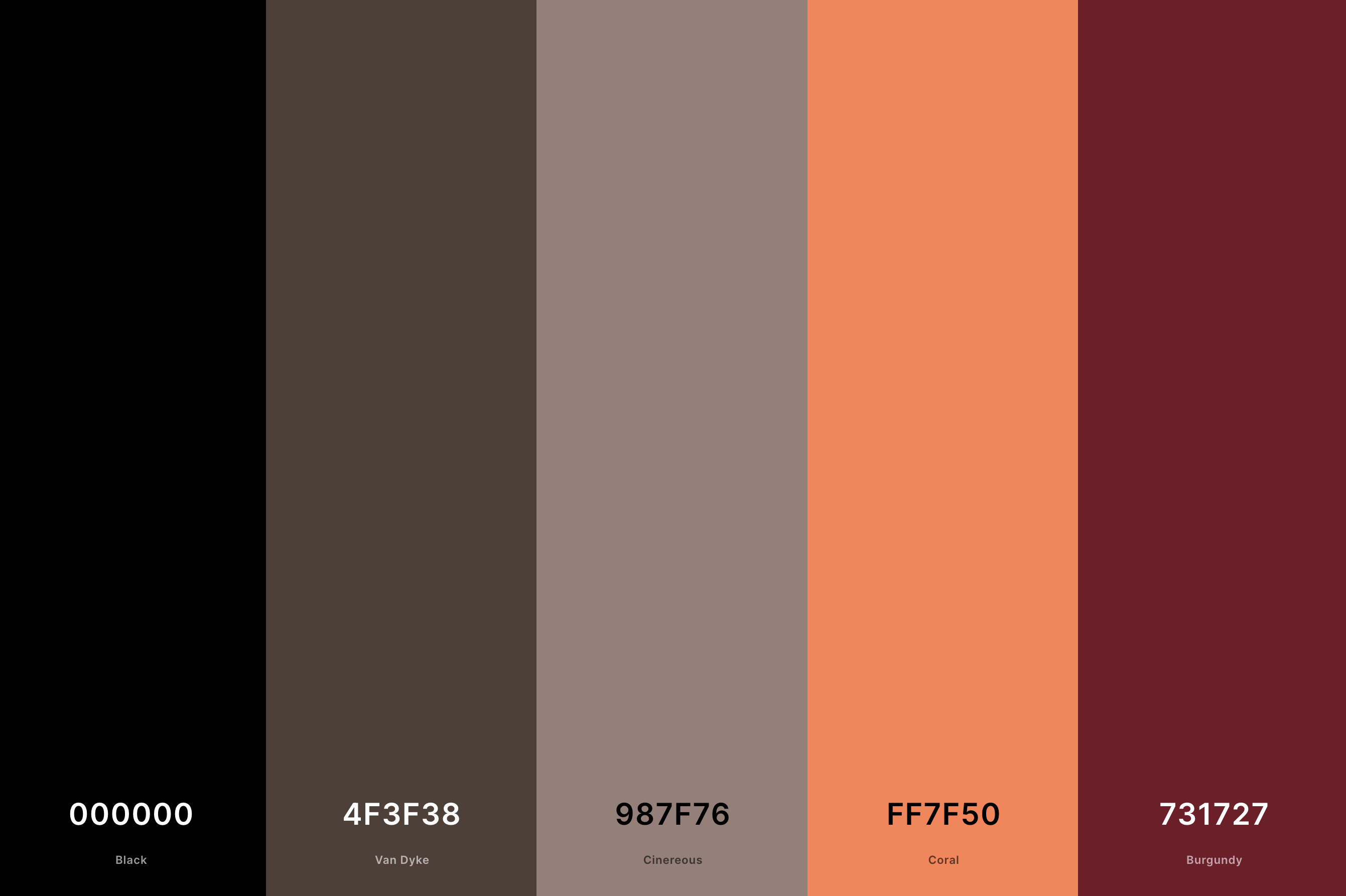 20. Black And Coral Color Palette Color Palette with Black (Hex #000000) + Van Dyke (Hex #4F3F38) + Cinereous (Hex #987F76) + Coral (Hex #FF7F50) + Burgundy (Hex #731727) Color Palette with Hex Codes