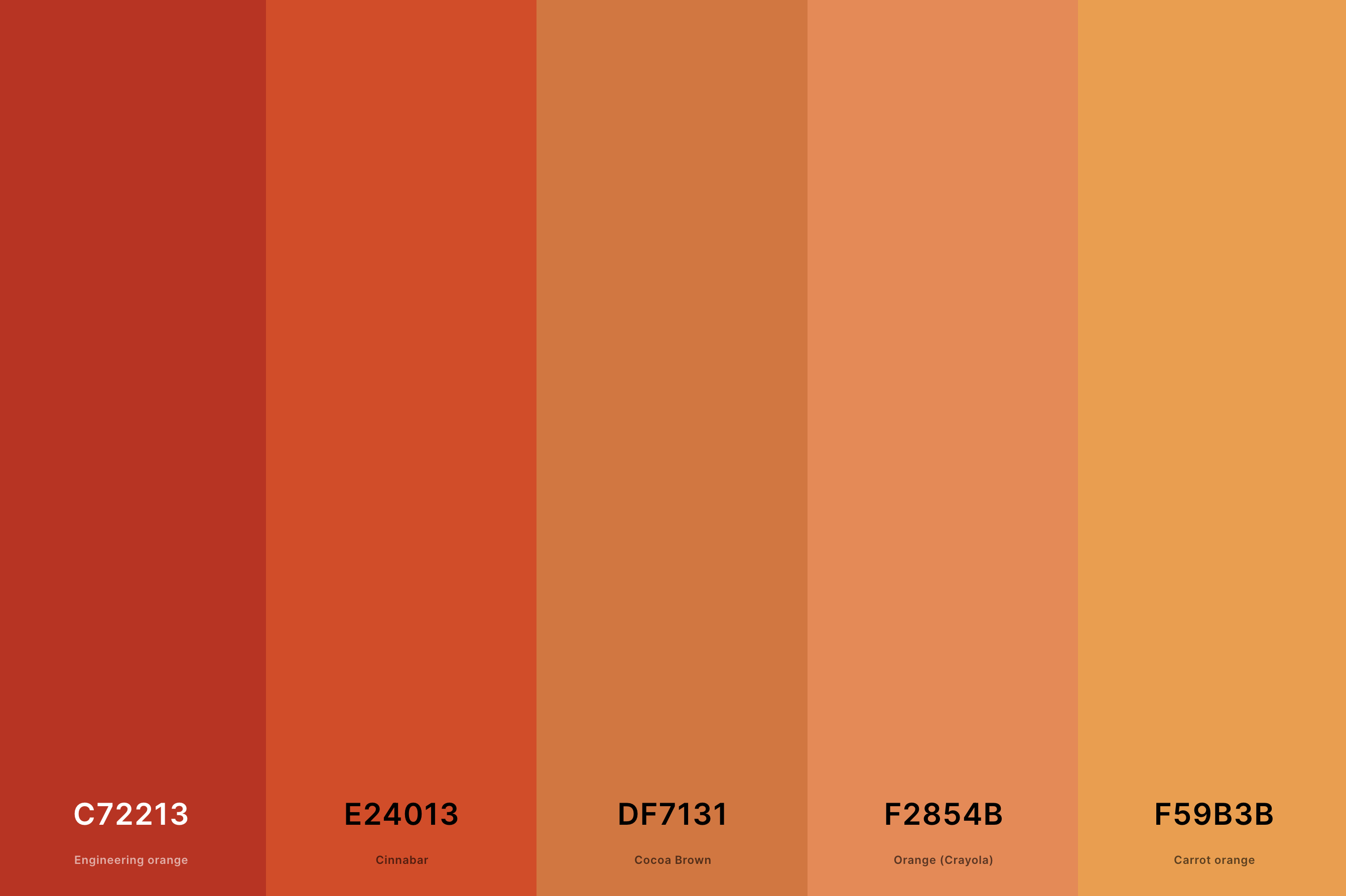 20. Bright Terracotta Color Palette Color Palette with Engineering Orange (Hex #C72213) + Cinnabar (Hex #E24013) + Cocoa Brown (Hex #DF7131) + Orange (Crayola) (Hex #F2854B) + Carrot Orange (Hex #F59B3B) Color Palette with Hex Codes