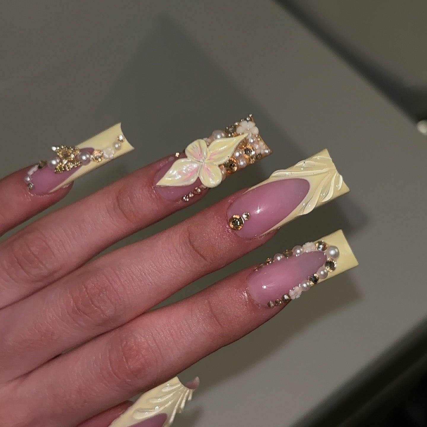 20. Butterfly Charm Coffins in Yellow and Nude Gloss (Bling Nail Ideas)