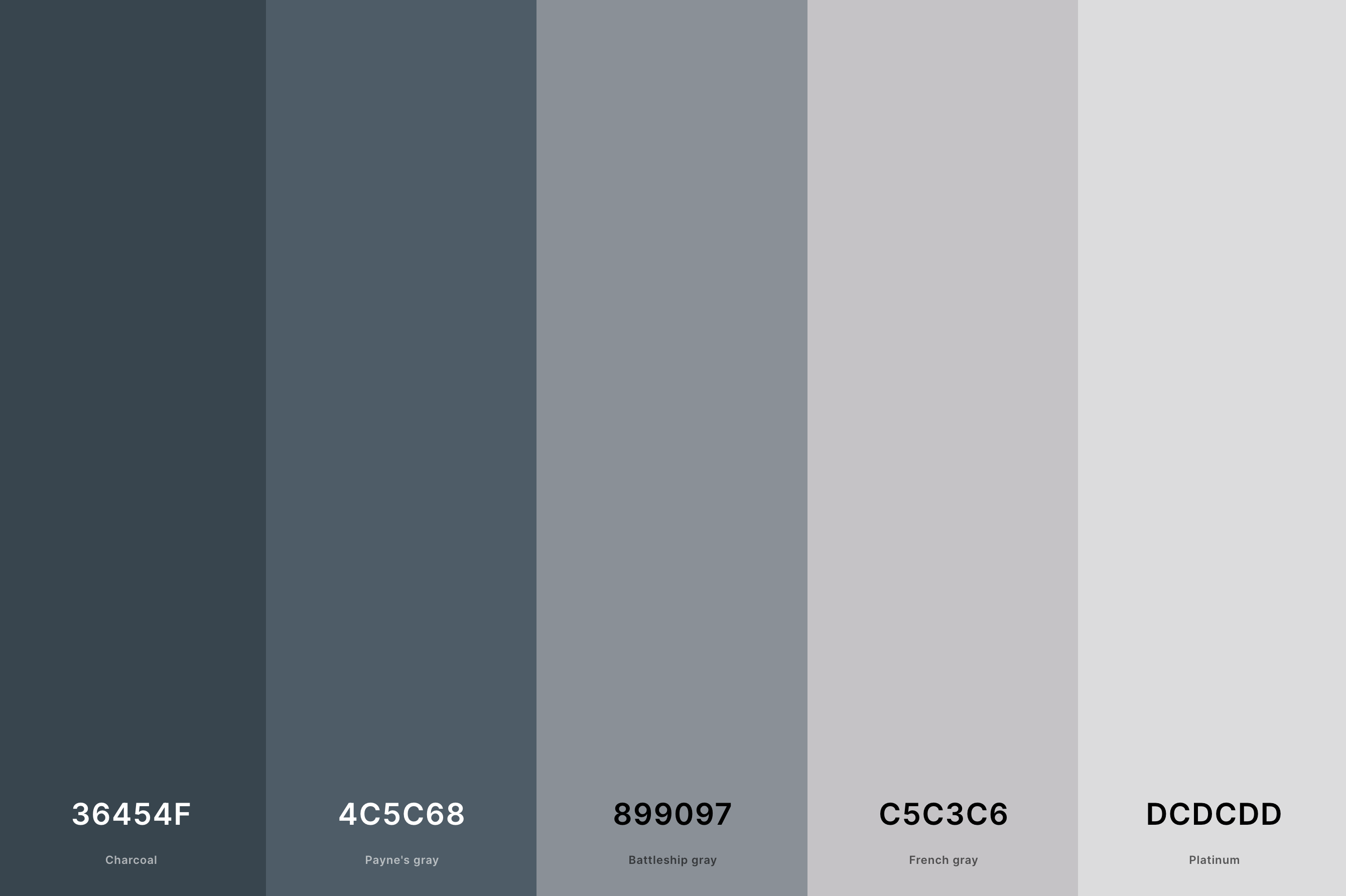 20. Charcoal Gray Color Palette Color Palette with Charcoal (Hex #36454F) + Payne'S Gray (Hex #4C5C68) + Battleship Gray (Hex #899097) + French Gray (Hex #C5C3C6) + Platinum (Hex #DCDCDD) Color Palette with Hex Codes