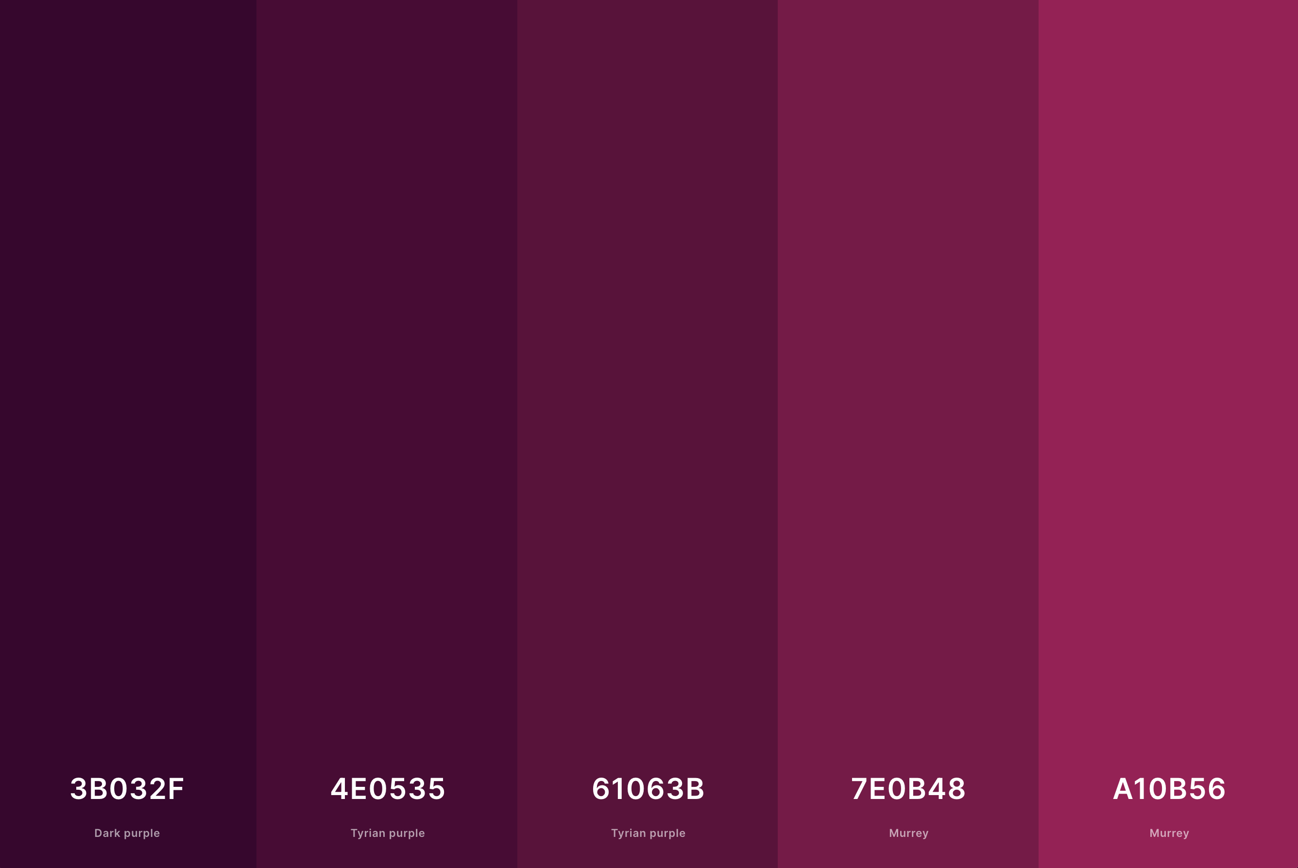 20. Deep Magenta Color Palette Color Palette with Dark Purple (Hex #3B032F) + Tyrian Purple (Hex #4E0535) + Tyrian Purple (Hex #61063B) + Murrey (Hex #7E0B48) + Murrey (Hex #A10B56) Color Palette with Hex Codes