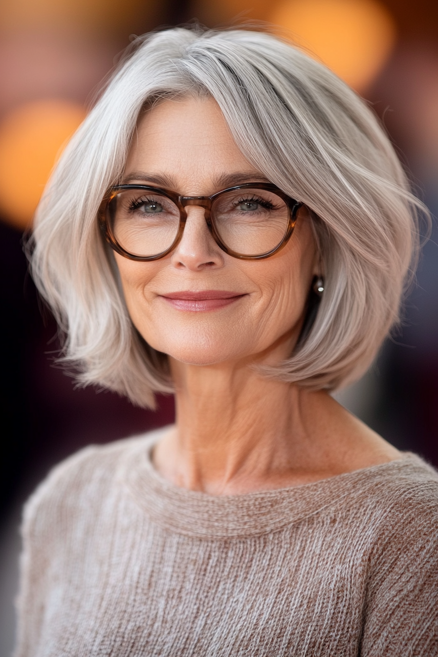 20. Frosted Beige Layered Bob (Hairstyles For Older Women With Thick Hair) - Short Hairstyles For Older Women With Glasses