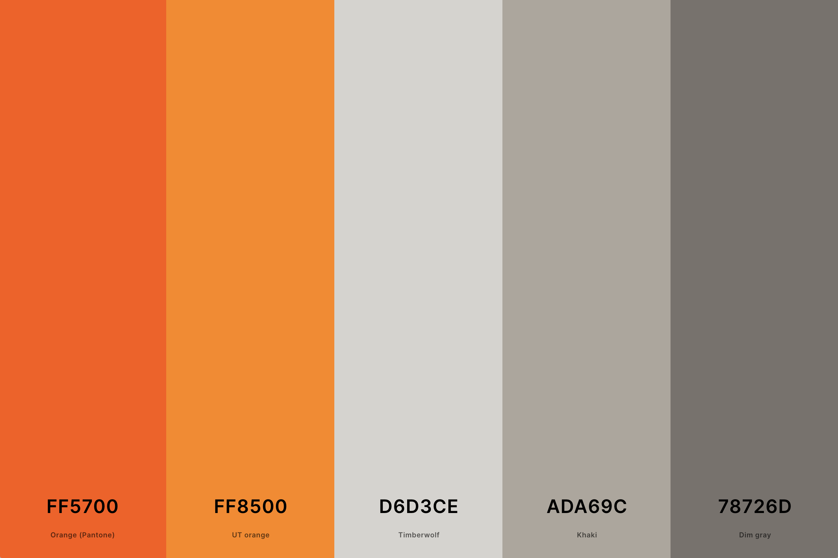 20. Gray And Orange Color Palette Color Palette with Orange (Pantone) (Hex #FF5700) + Ut Orange (Hex #FF8500) + Timberwolf (Hex #D6D3CE) + Khaki (Hex #ADA69C) + Dim Gray (Hex #78726D) Color Palette with Hex Codes