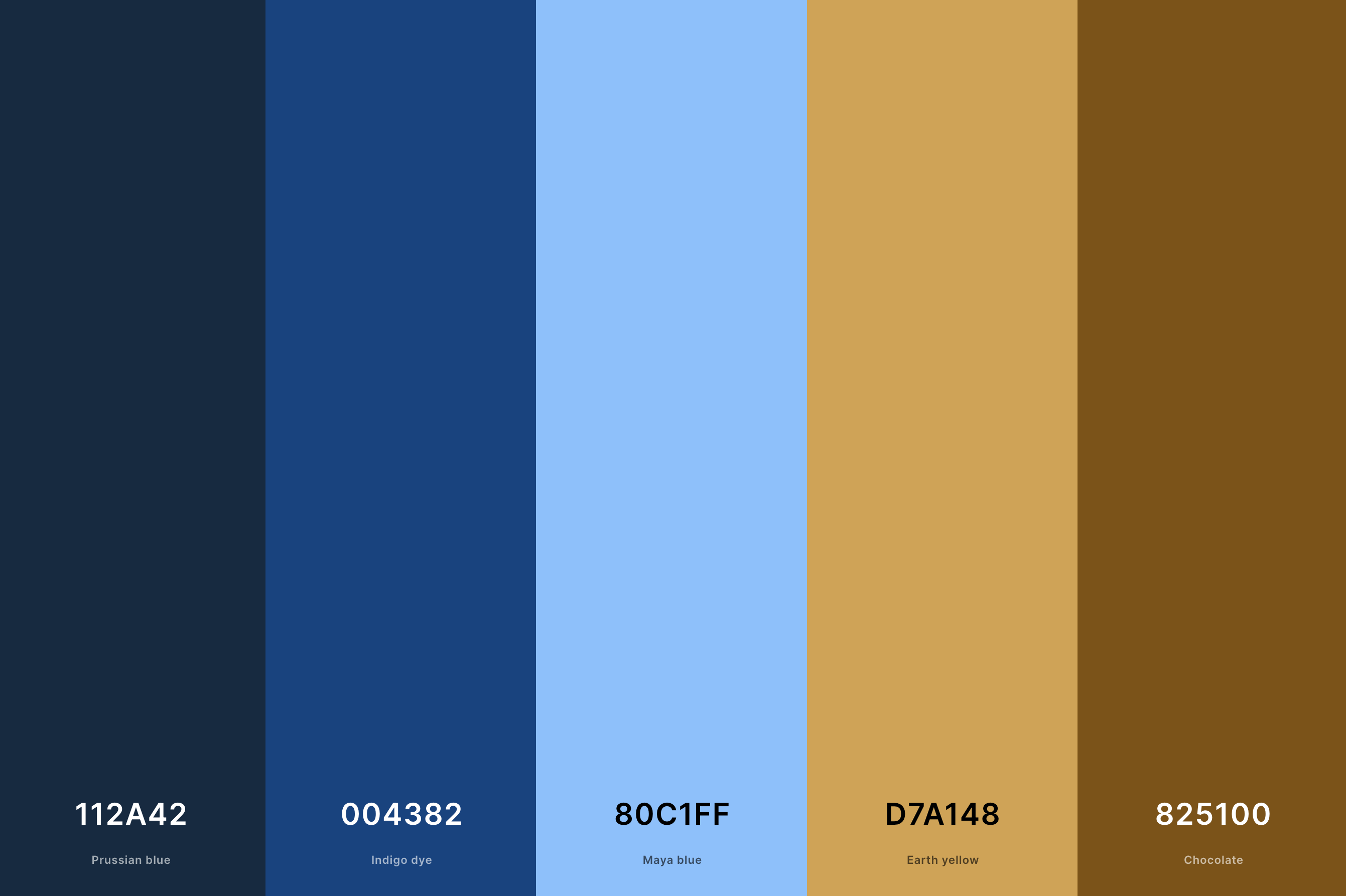 20. Indigo And Brown Color Palette Color Palette with Prussian Blue (Hex #112A42) + Indigo Dye (Hex #004382) + Maya Blue (Hex #80C1FF) + Earth Yellow (Hex #D7A148) + Chocolate (Hex #825100) Color Palette with Hex Codes