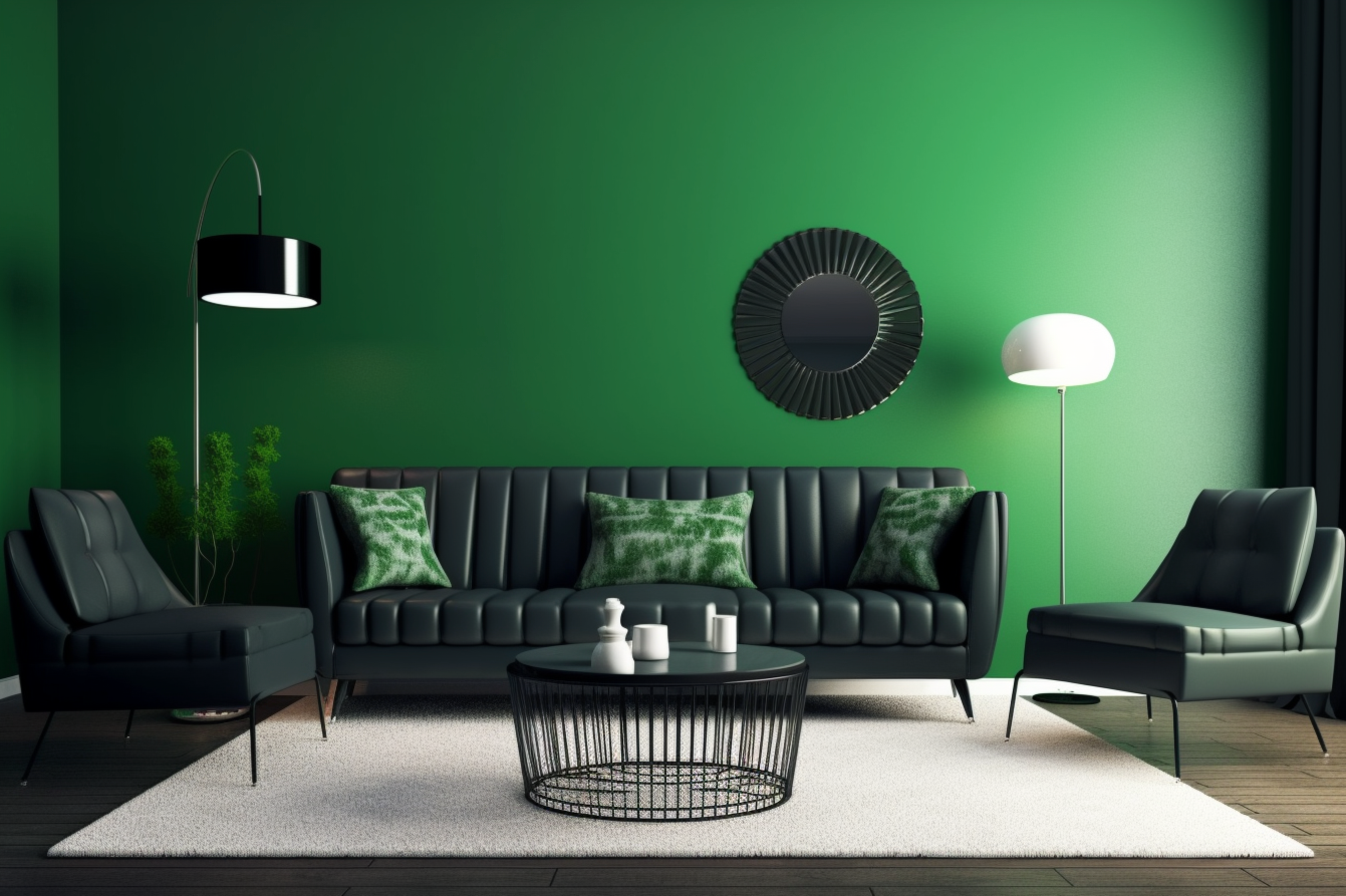 20. Kelly Green and Black Modern Scheme. A bold living room that is the life of the party, in vibrant Kelly green and sleek black.