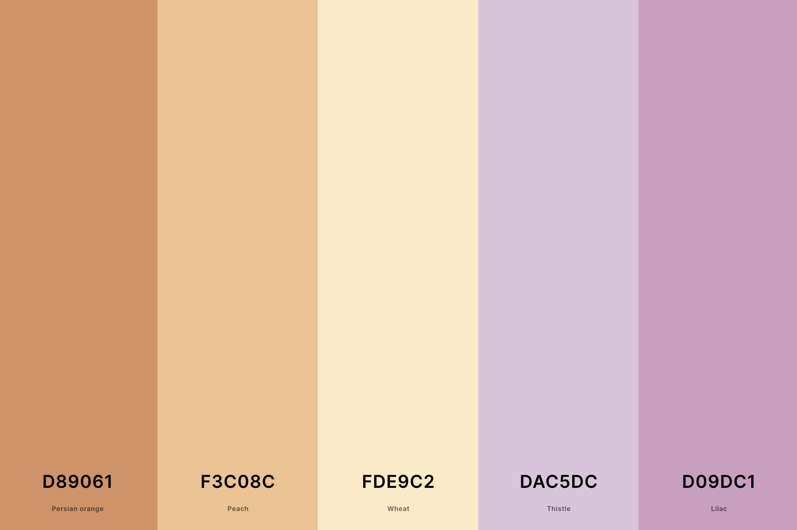 20. Lavender And Peach Color Palette Color Palette with Persian Orange (Hex #D89061) + Peach (Hex #F3C08C) + Wheat (Hex #FDE9C2) + Thistle (Hex #DAC5DC) + Lilac (Hex #D09DC1) Color Palette with Hex Codes