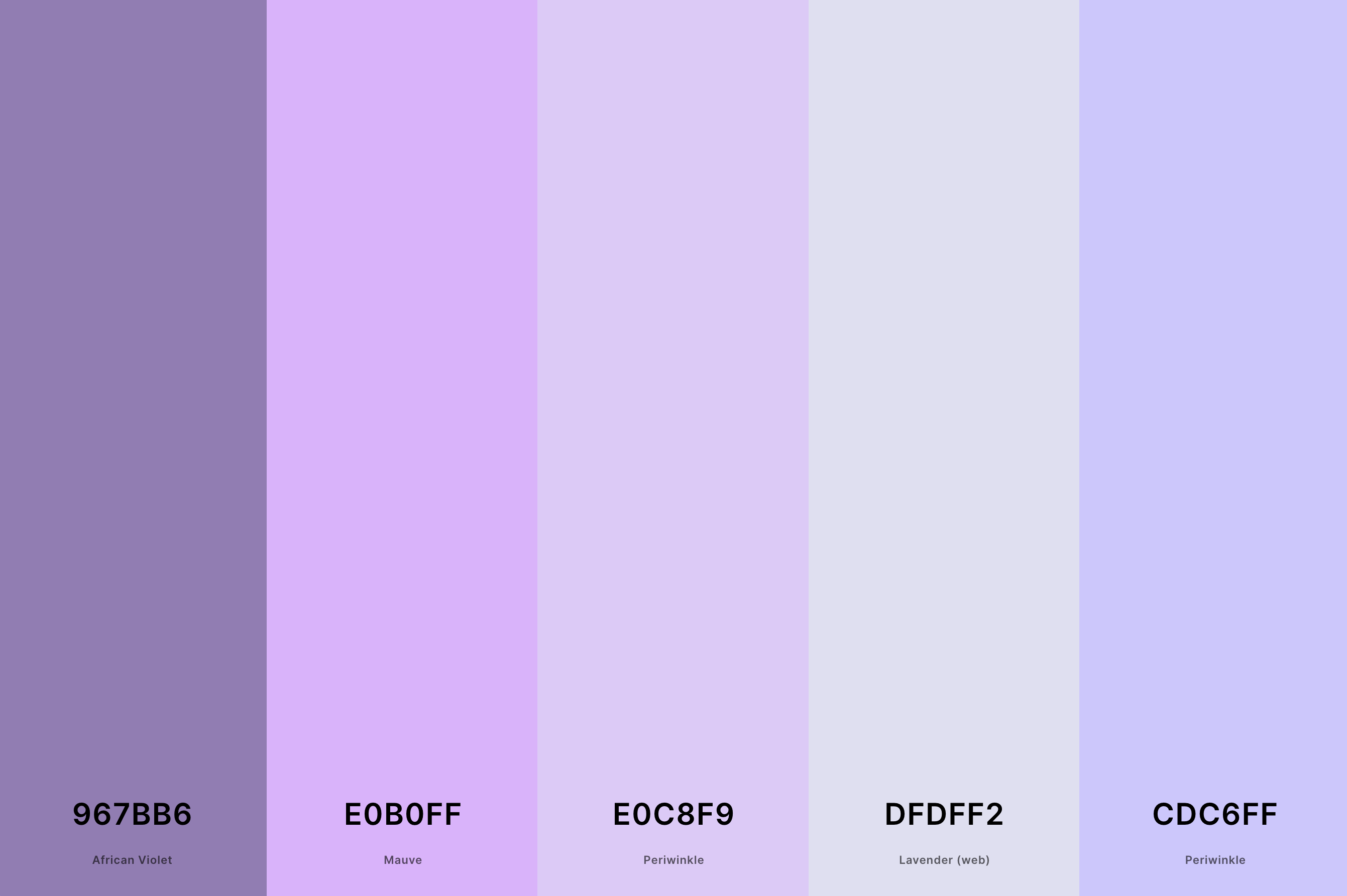 20. Mauve And Lavender Color Palette Color Palette with African Violet (Hex #967BB6) + Mauve (Hex #E0B0FF) + Periwinkle (Hex #E0C8F9) + Lavender (Web) (Hex #DFDFF2) + Periwinkle (Hex #CDC6FF) Color Palette with Hex Codes