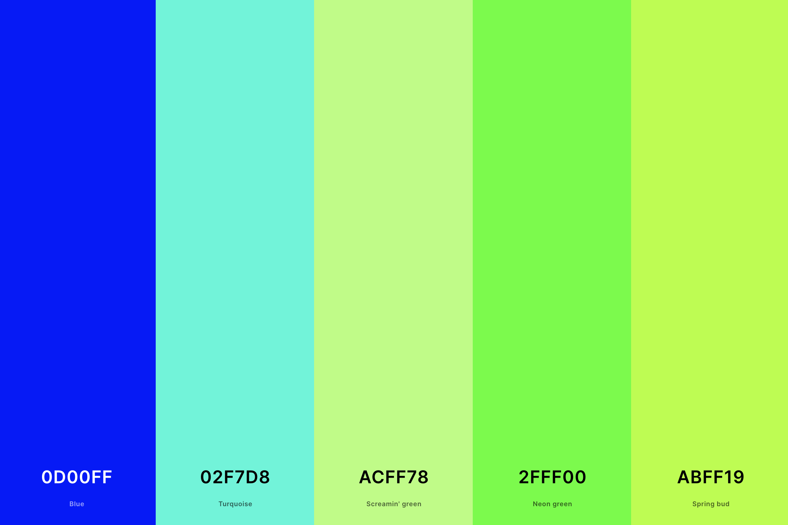 20. Neon Green And Blue Color Palette Color Palette with Blue (Hex #0D00FF) + Turquoise (Hex #02F7D8) + Screamin' Green (Hex #ACFF78) + Neon Green (Hex #2FFF00) + Spring Bud (Hex #ABFF19) Color Palette with Hex Codes
