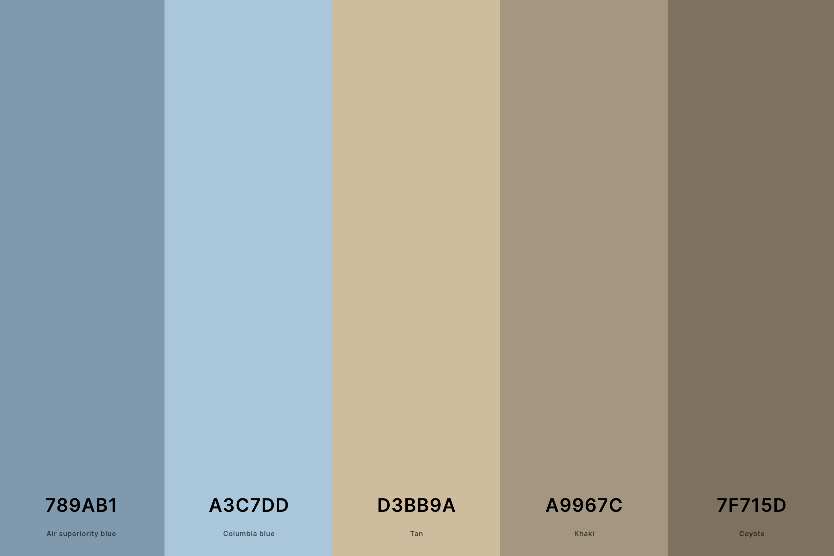 20. Pastel Tan Color Palette Color Palette with Air Superiority Blue (Hex #789AB1) + Columbia Blue (Hex #A3C7DD) + Tan (Hex #D3BB9A) + Khaki (Hex #A9967C) + Coyote (Hex #7F715D) Color Palette with Hex Codes