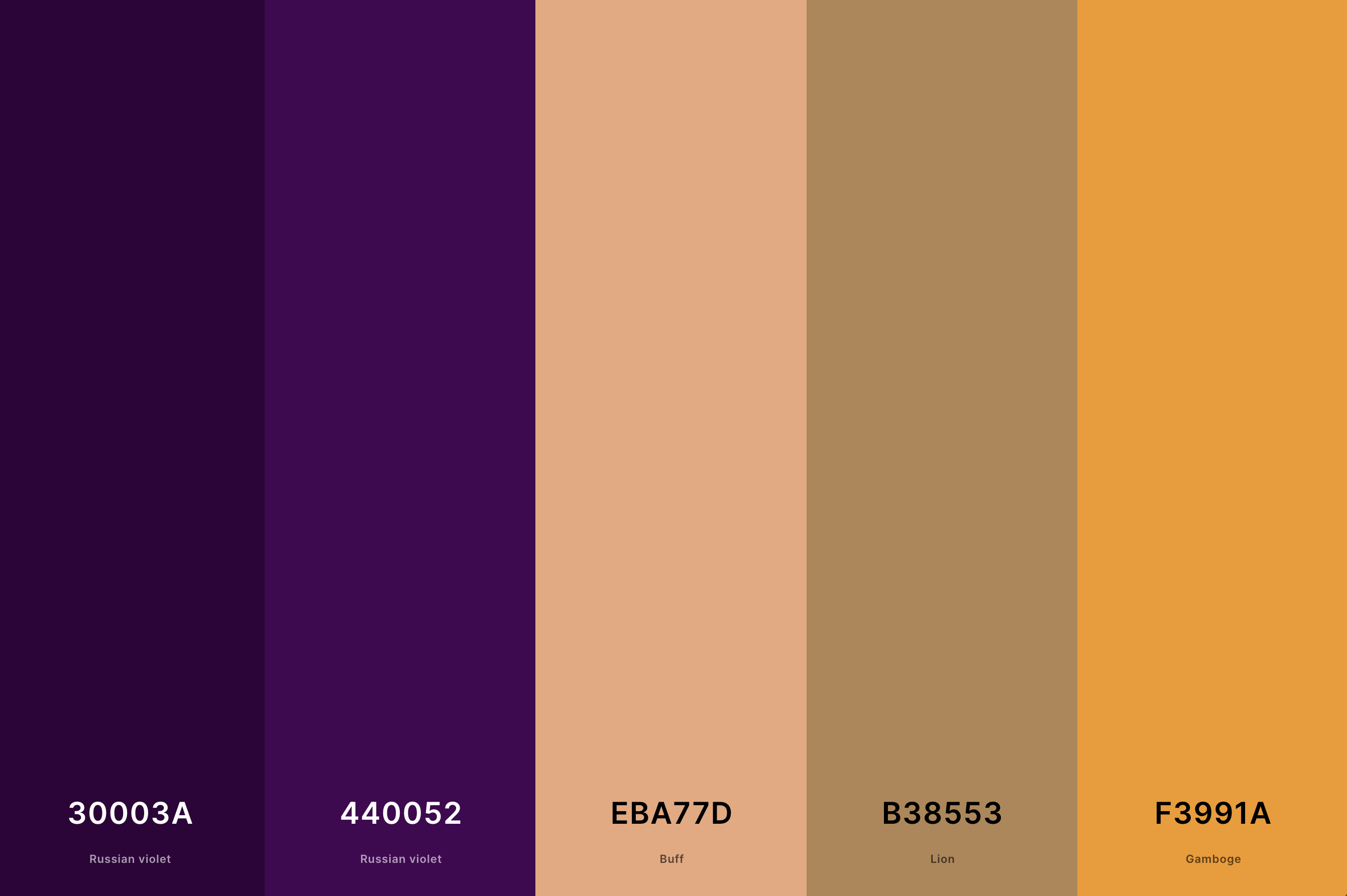 20. Purple Fall Color Palette Color Palette with Russian Violet (Hex #30003A) + Russian Violet (Hex #440052) + Buff (Hex #EBA77D) + Lion (Hex #B38553) + Gamboge (Hex #F3991A) Color Palette with Hex Codes