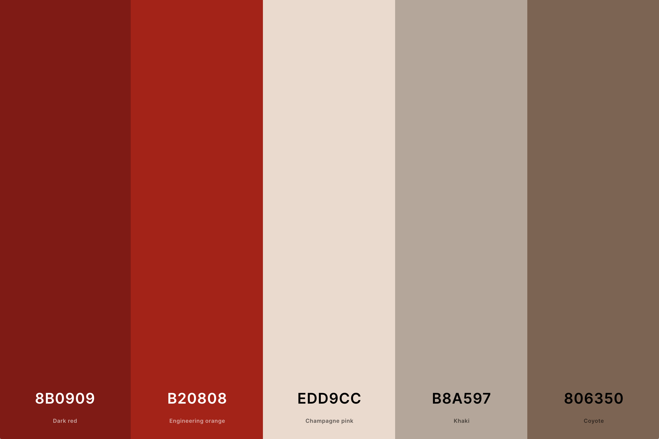 20. Red And Beige Color Palette Color Palette with Dark Red (Hex #8B0909) + Engineering Orange (Hex #B20808) + Champagne Pink (Hex #EDD9CC) + Khaki (Hex #B8A597) + Coyote (Hex #806350) Color Palette with Hex Codes