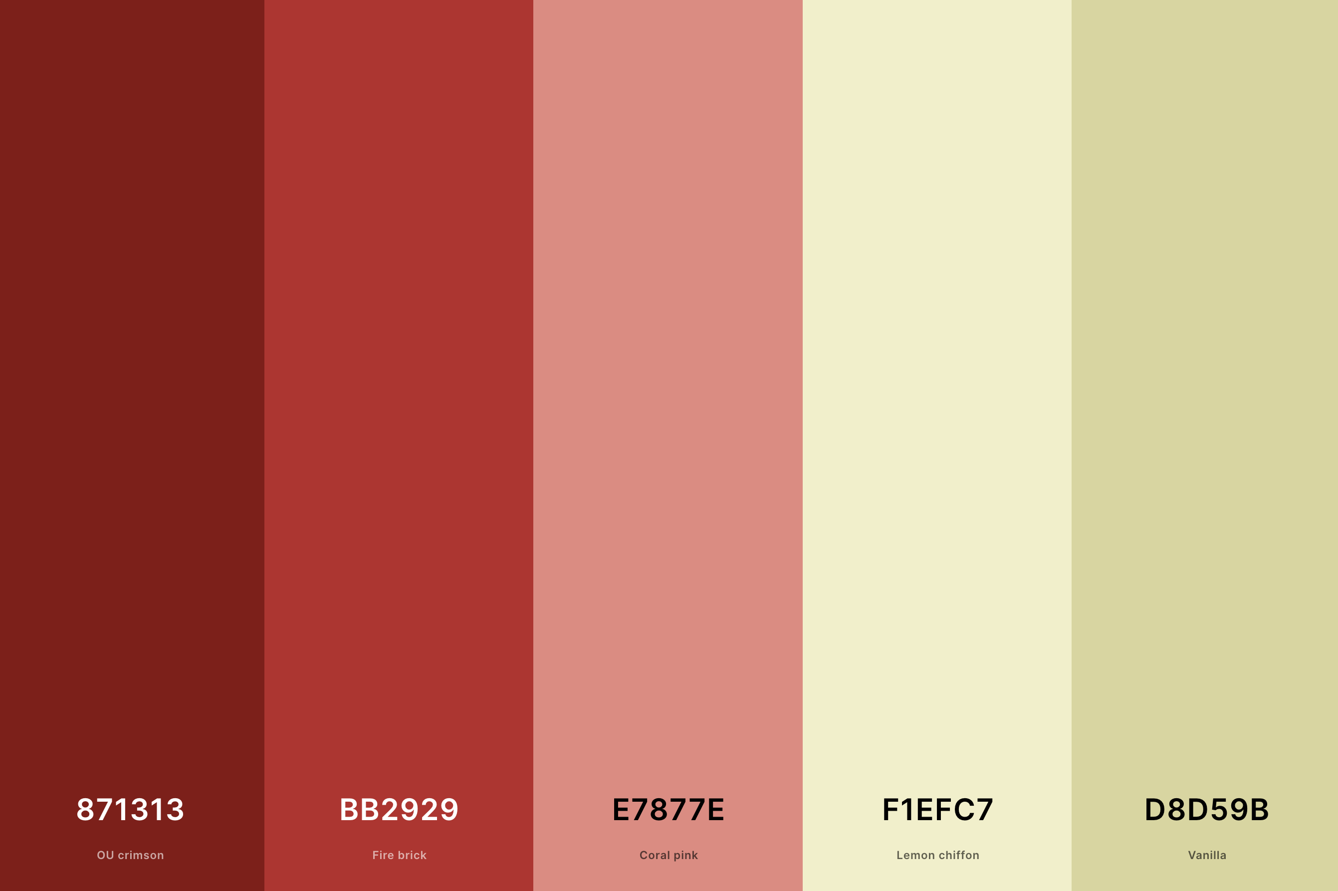 20. Red And Cream Color Palette Color Palette with Ou Crimson (Hex #871313) + Fire Brick (Hex #BB2929) + Coral Pink (Hex #E7877E) + Lemon Chiffon (Hex #F1EFC7) + Vanilla (Hex #D8D59B) Color Palette with Hex Codes