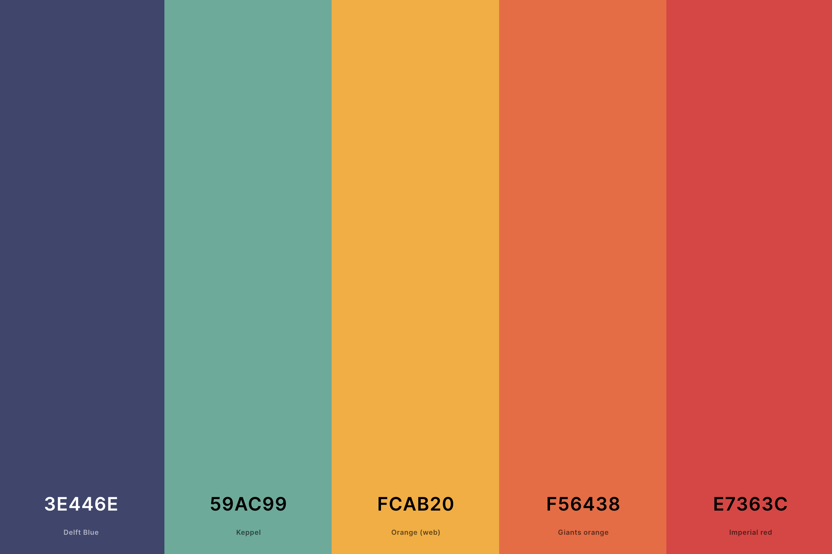 20. Retro Aesthetic Color Palette Color Palette with Delft Blue (Hex #3E446E) + Keppel (Hex #59AC99) + Orange (Web) (Hex #FCAB20) + Giants Orange (Hex #F56438) + Imperial Red (Hex #E7363C) Color Palette with Hex Codes