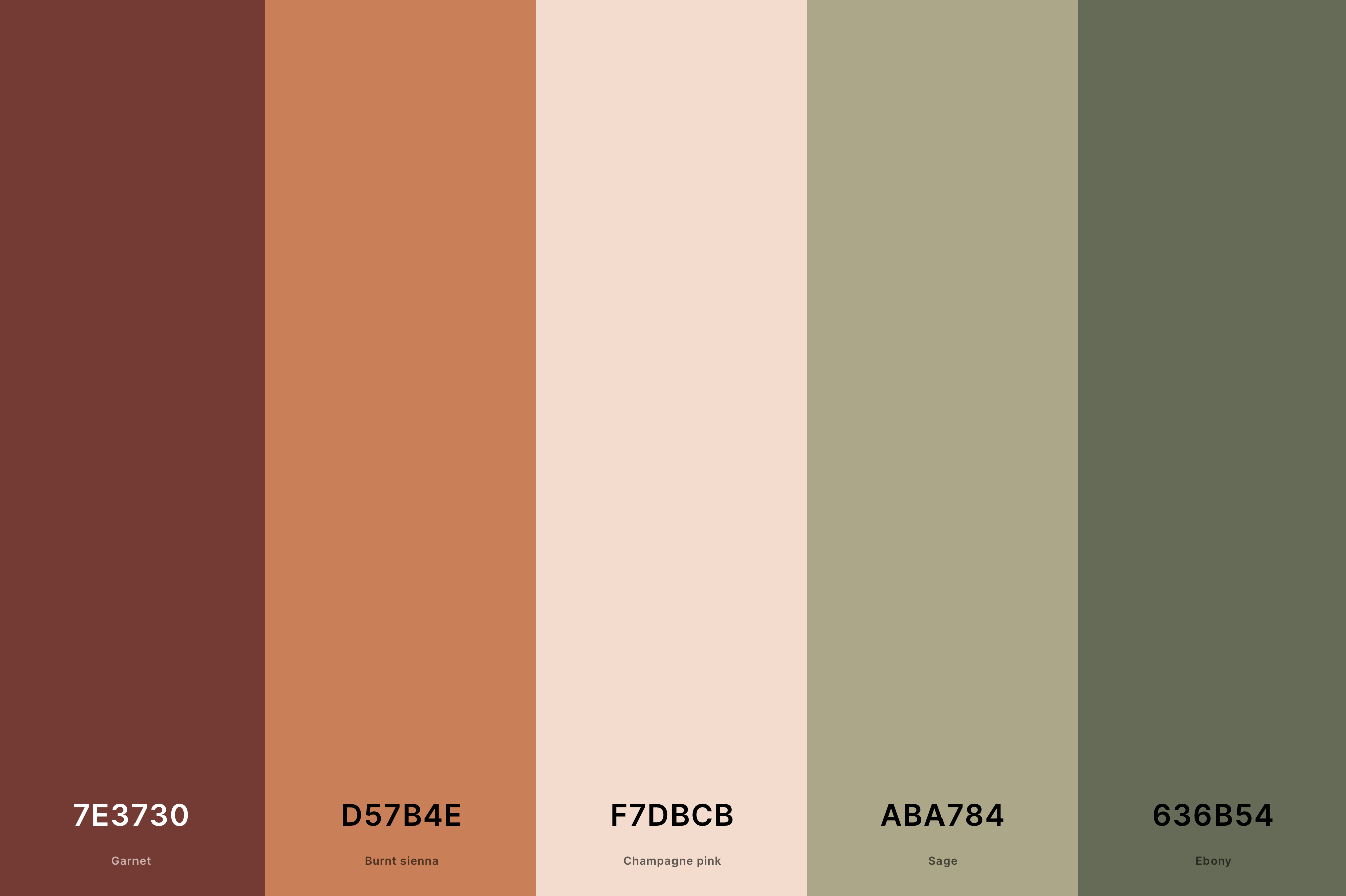 20. Sage Green and Terracotta Color Palette Color Palette with Garnet (Hex #7E3730) + Burnt Sienna (Hex #D57B4E) + Champagne Pink (Hex #F7DBCB) + Sage (Hex #ABA784) + Ebony (Hex #636B54) Color Palette with Hex Codes