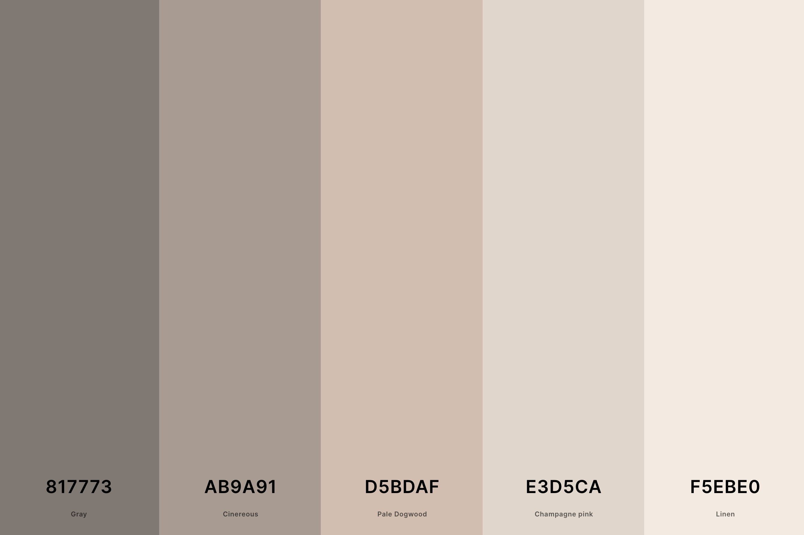20. Soft Neutral Color Palette Color Palette with Gray (Hex #817773) + Cinereous (Hex #AB9A91) + Pale Dogwood (Hex #D5BDAF) + Champagne Pink (Hex #E3D5CA) + Linen (Hex #F5EBE0) Color Palette with Hex Codes