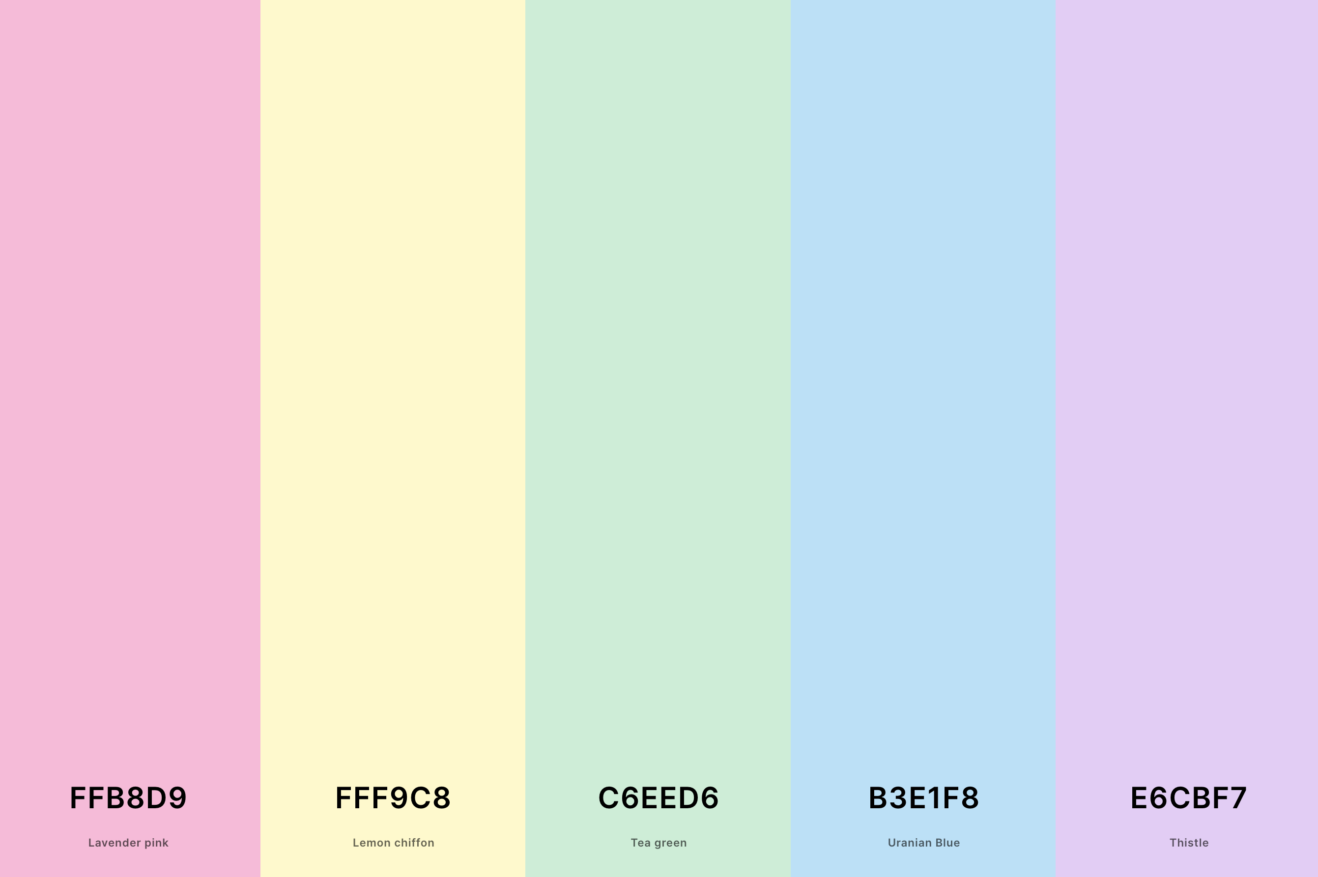 20. Soft Pastel Color Palette Color Palette with Lavender Pink (Hex #FFB8D9) + Lemon Chiffon (Hex #FFF9C8) + Tea Green (Hex #C6EED6) + Uranian Blue (Hex #B3E1F8) + Thistle (Hex #E6CBF7) Color Palette with Hex Codes