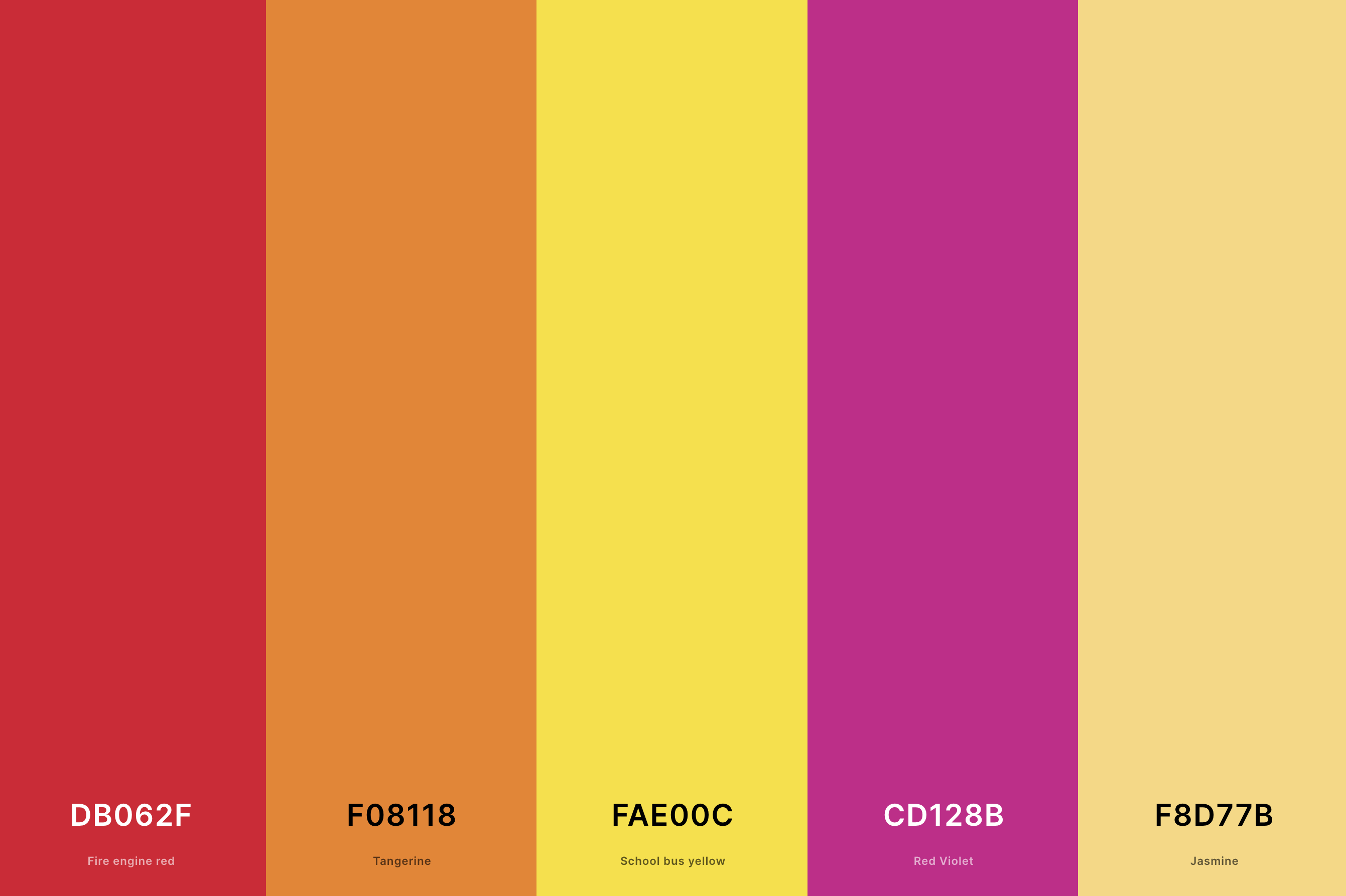 20. Sunset Shimmer Color Palette Color Palette with Fire Engine Red (Hex #DB062F) + Tangerine (Hex #F08118) + School Bus Yellow (Hex #FAE00C) + Red Violet (Hex #CD128B) + Jasmine (Hex #F8D77B) Color Palette with Hex Codes