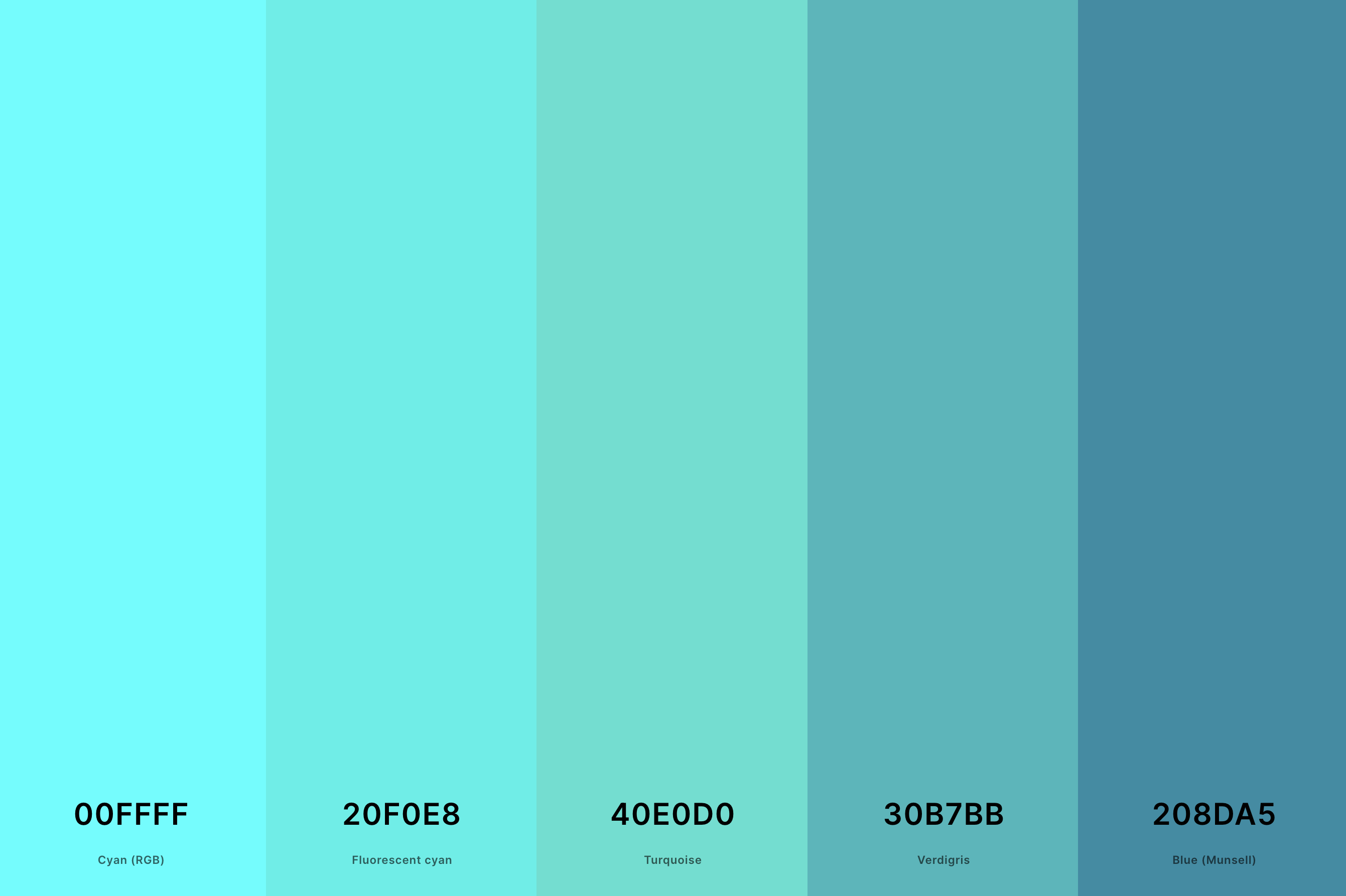 20. Turquoise And Aqua Color Palette Color Palette with Cyan (Rgb) (Hex #00FFFF) + Fluorescent Cyan (Hex #20F0E8) + Turquoise (Hex #40E0D0) + Verdigris (Hex #30B7BB) + Blue (Munsell) (Hex #208DA5) Color Palette with Hex Codes