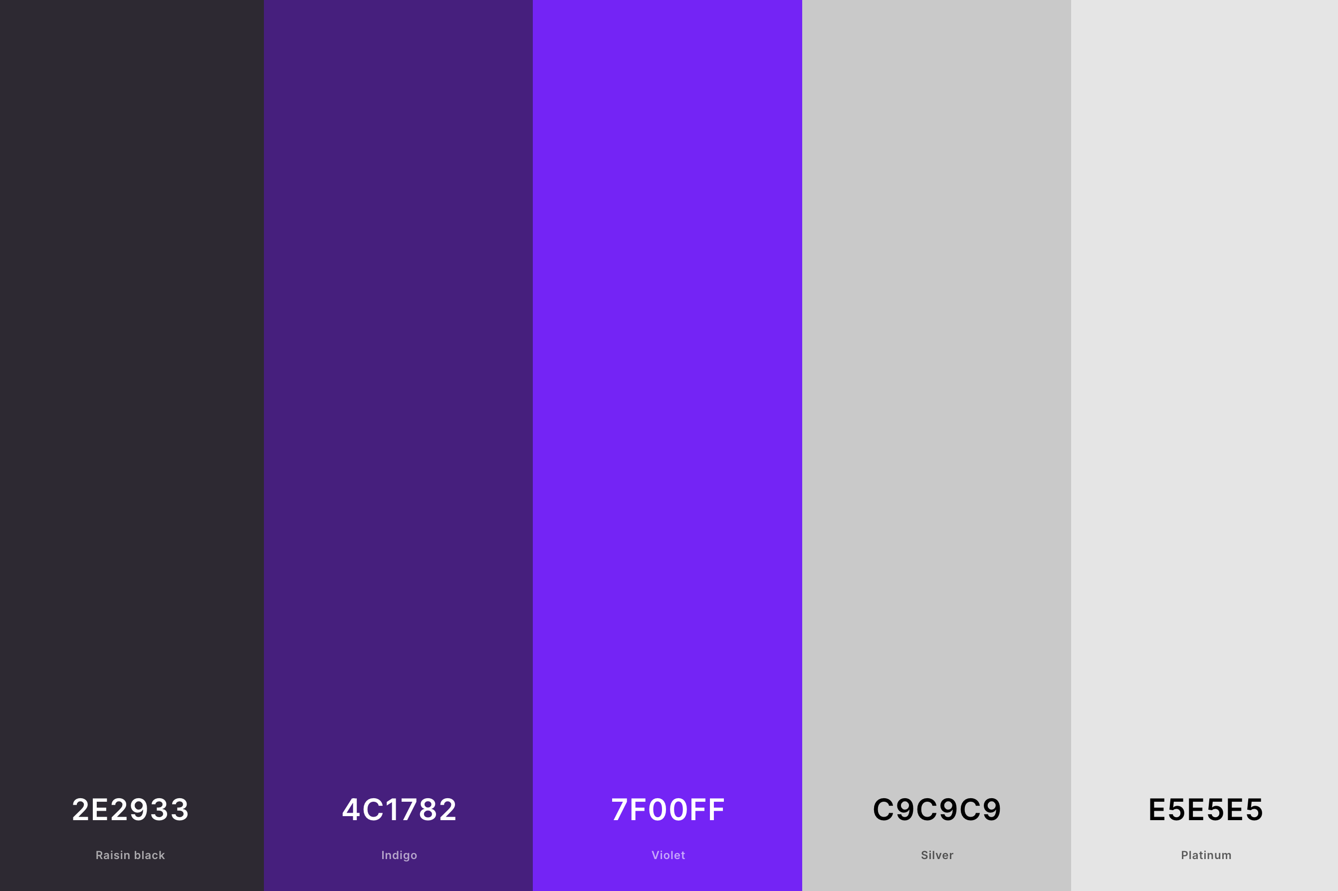 20. Violet And Silver Color Palette Color Palette with Raisin Black (Hex #2E2933) + Indigo (Hex #4C1782) + Violet (Hex #7F00FF) + Silver (Hex #C9C9C9) + Platinum (Hex #E5E5E5) Color Palette with Hex Codes