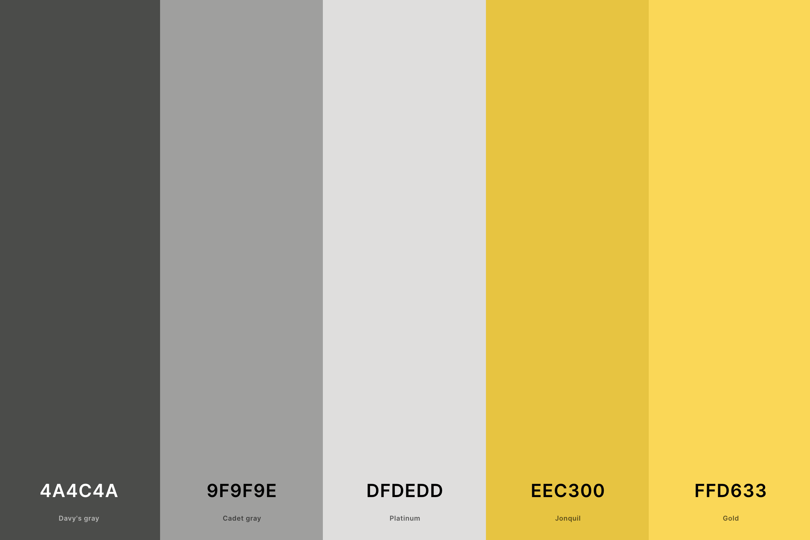 20. Yellow And Grey Color Palette Color Palette with Davy'S Gray (Hex #4A4C4A) + Cadet Gray (Hex #9F9F9E) + Platinum (Hex #DFDEDD) + Jonquil (Hex #EEC300) + Gold (Hex #FFD633) Color Palette with Hex Codes