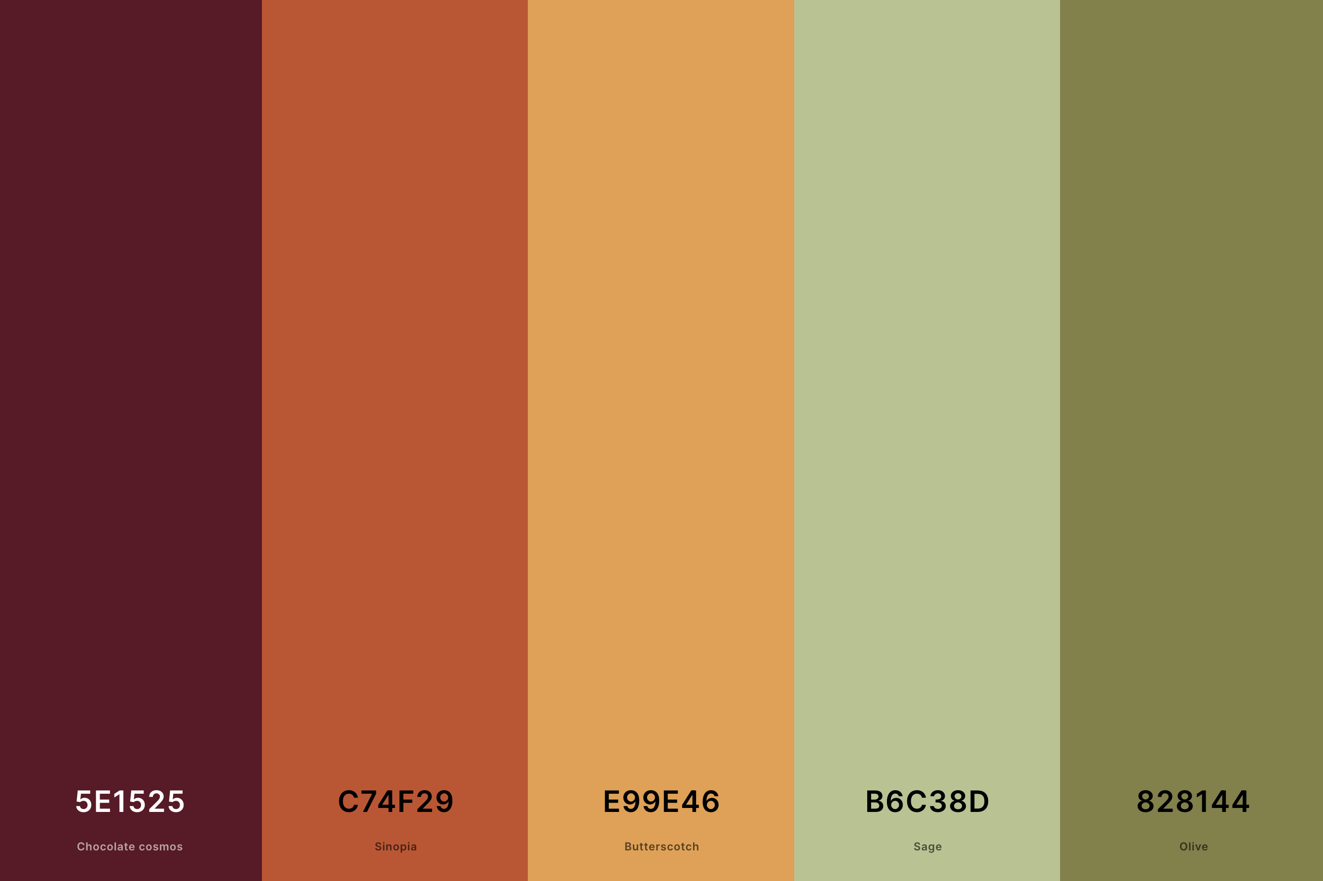 21. Aesthetic Autumn Color Palette Color Palette with Chocolate Cosmos (Hex #5E1525) + Sinopia (Hex #C74F29) + Butterscotch (Hex #E99E46) + Sage (Hex #B6C38D) + Olive (Hex #828144) Color Palette with Hex Codes