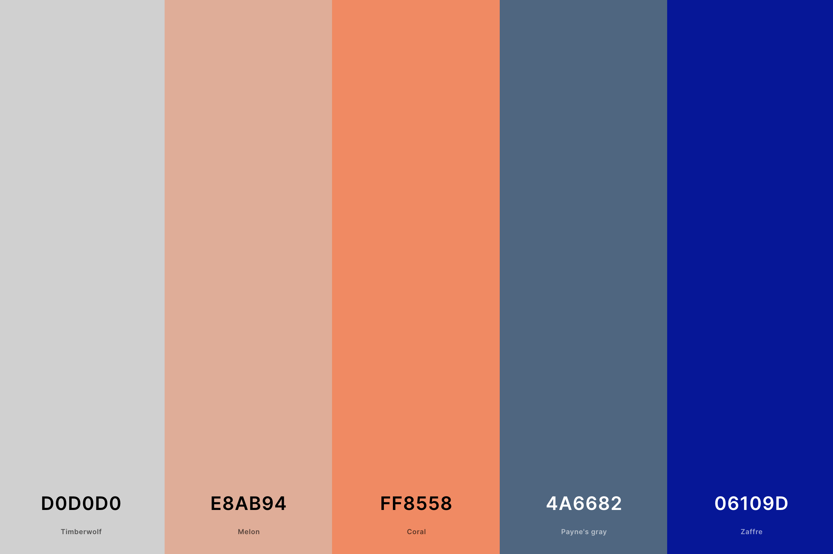 21. Blue, Gray And Coral Color Palette Color Palette with Timberwolf (Hex #D0D0D0) + Melon (Hex #E8AB94) + Coral (Hex #FF8558) + Payne'S Gray (Hex #4A6682) + Zaffre (Hex #06109D) Color Palette with Hex Codes