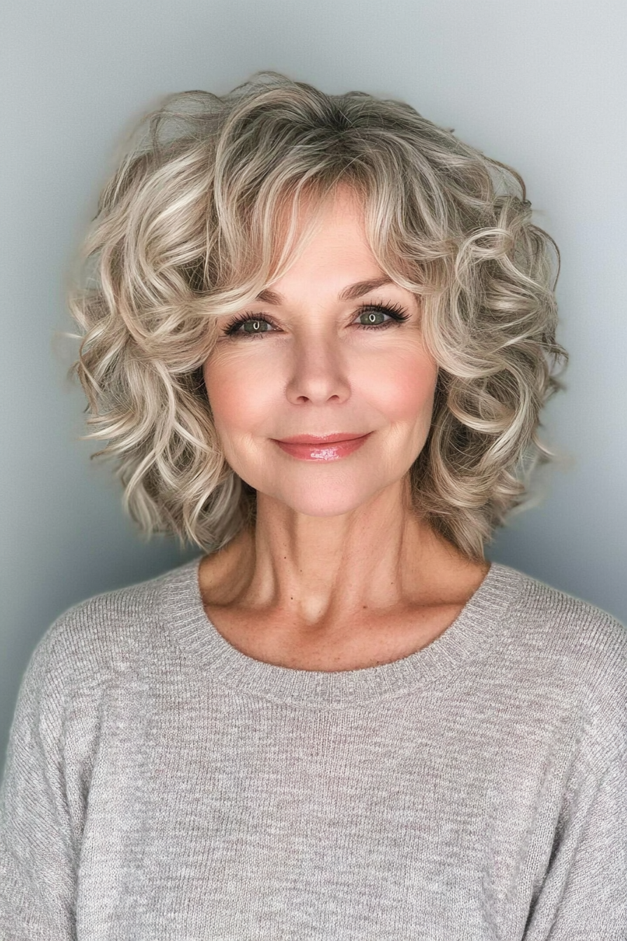 21. Curly A-Line Bob with Ash Blonde Ends (Hairstyles For Older Women With Curly Hair) - Hairstyles For Older Women With Curly Hair