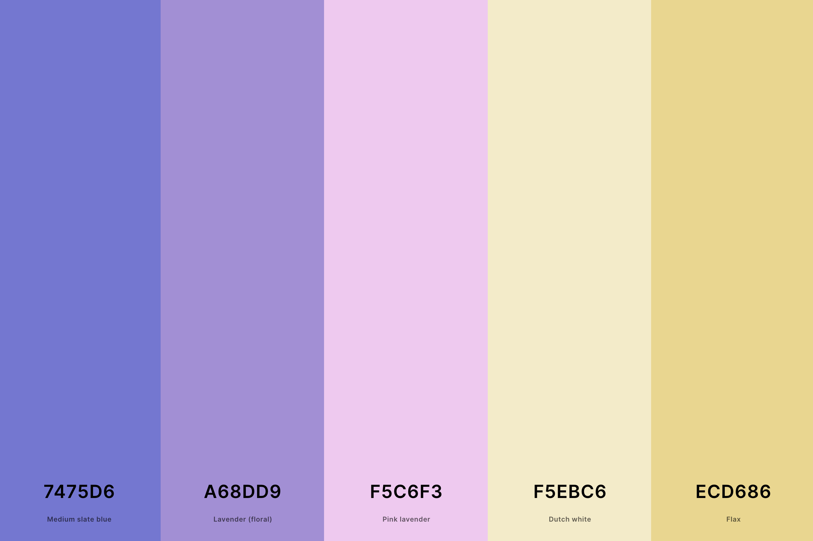 21. Lavender And Yellow Color Palette Color Palette with Medium Slate Blue (Hex #7475D6) + Lavender (Floral) (Hex #A68DD9) + Pink Lavender (Hex #F5C6F3) + Dutch White (Hex #F5EBC6) + Flax (Hex #ECD686) Color Palette with Hex Codes