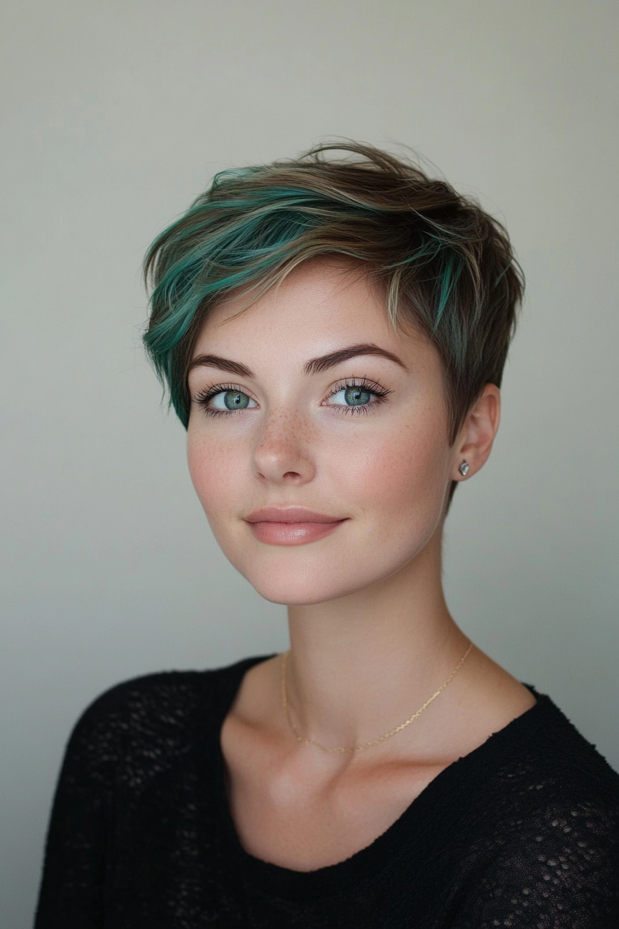 21. Layered Pixie with Teal Tips (Short Hairstyles For Round Faces) - Short Hairstyles For Round Faces