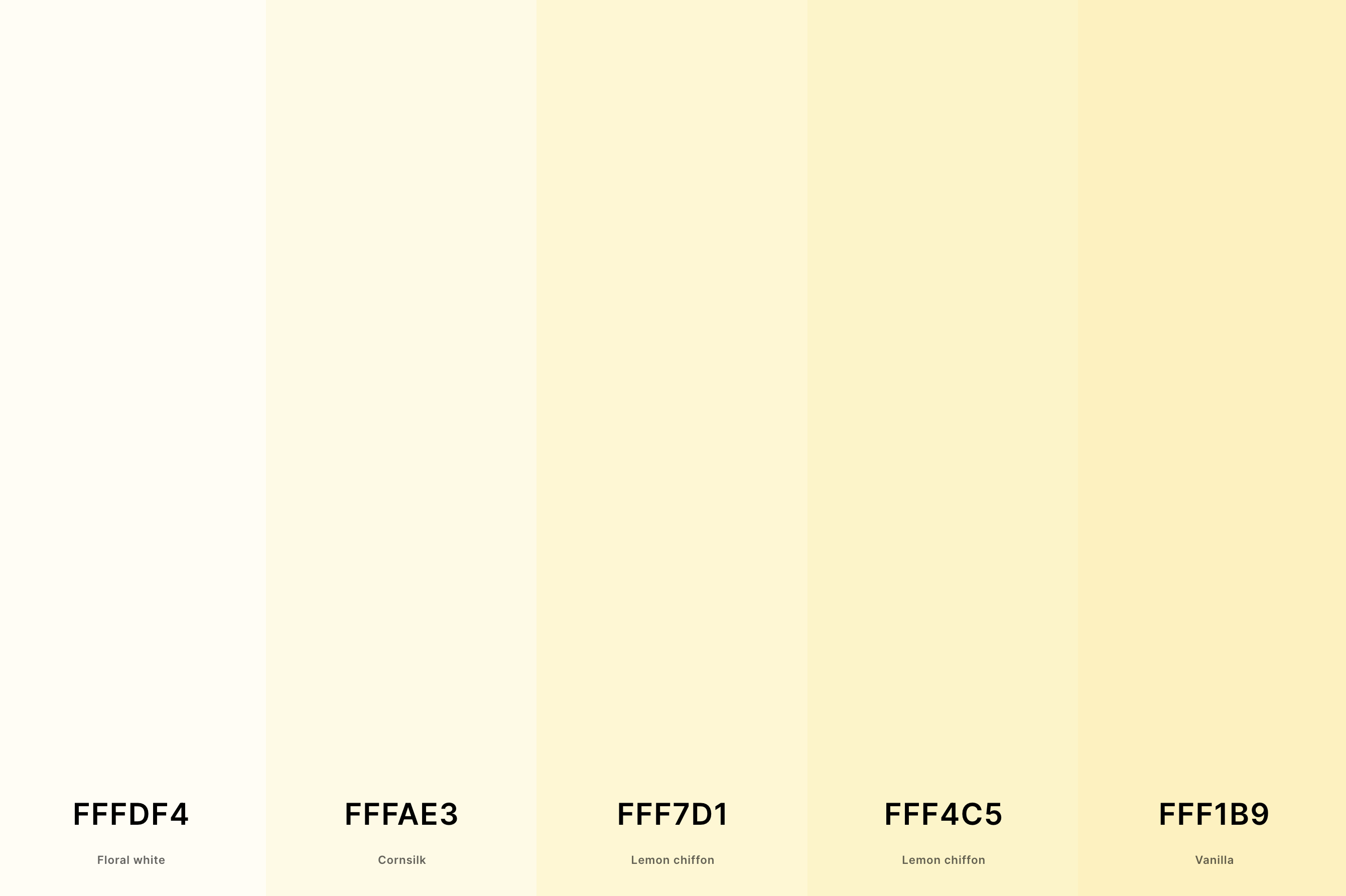 21. Light Cream Color Palette Color Palette with Floral White (Hex #FFFDF4) + Cornsilk (Hex #FFFAE3) + Lemon Chiffon (Hex #FFF7D1) + Lemon Chiffon (Hex #FFF4C5) + Vanilla (Hex #FFF1B9) Color Palette with Hex Codes