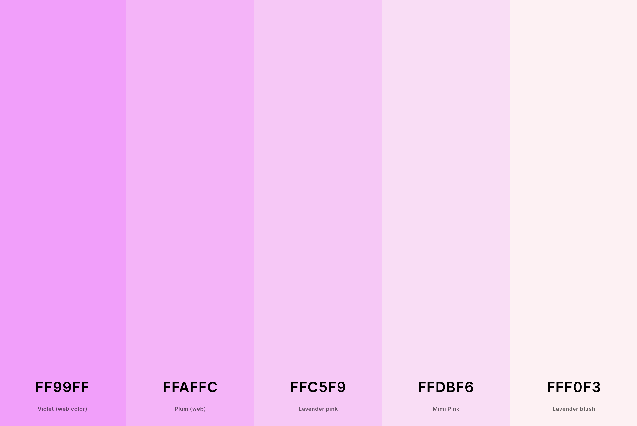 21. Light Magenta Color Palette Color Palette with Violet (Web Color) (Hex #FF99FF) + Plum (Web) (Hex #FFAFFC) + Lavender Pink (Hex #FFC5F9) + Mimi Pink (Hex #FFDBF6) + Lavender Blush (Hex #FFF0F3) Color Palette with Hex Codes