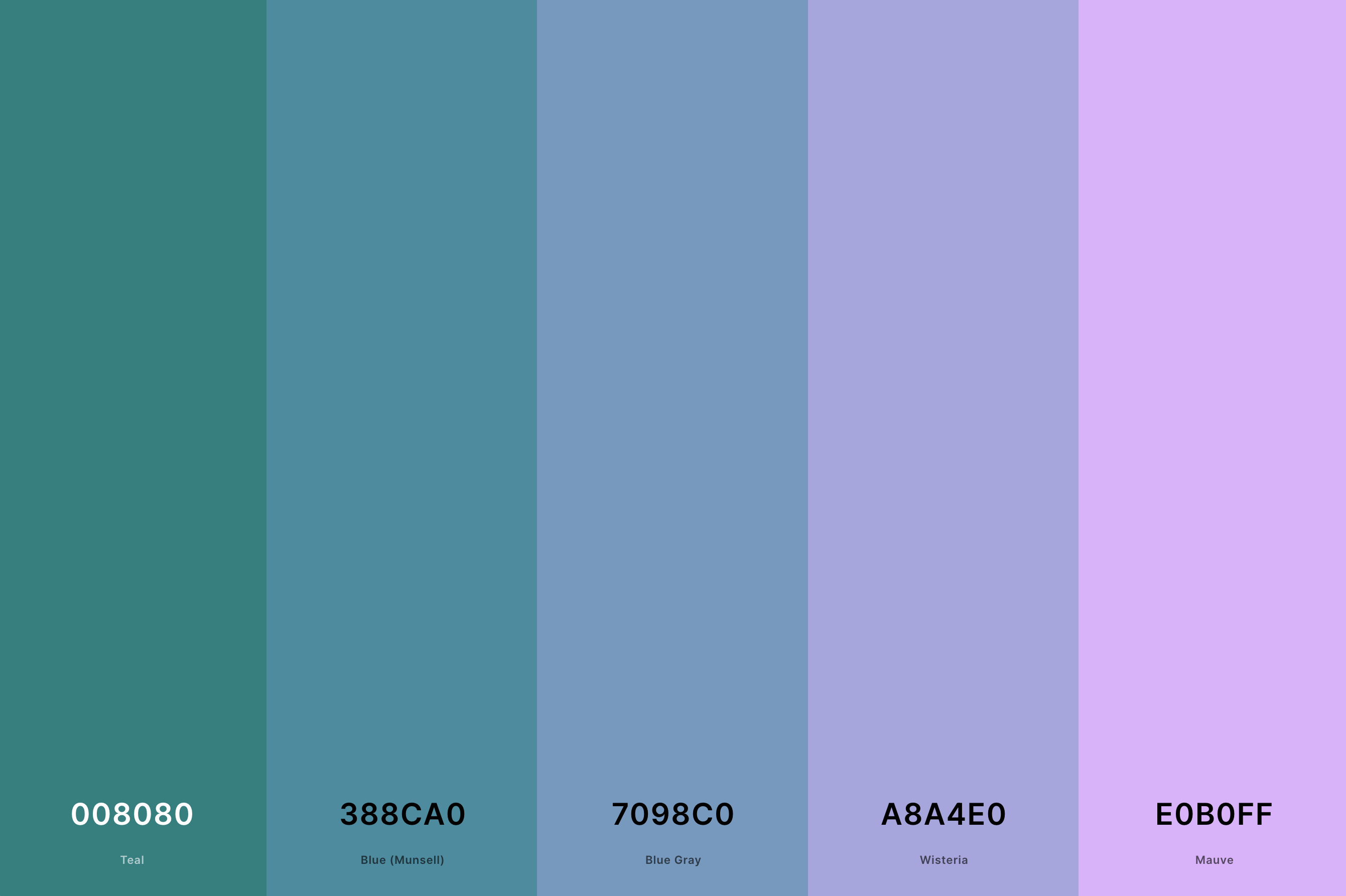 21. Mauve And Teal Color Palette Color Palette with Teal (Hex #008080) + Blue (Munsell) (Hex #388CA0) + Blue Gray (Hex #7098C0) + Wisteria (Hex #A8A4E0) + Mauve (Hex #E0B0FF) Color Palette with Hex Codes