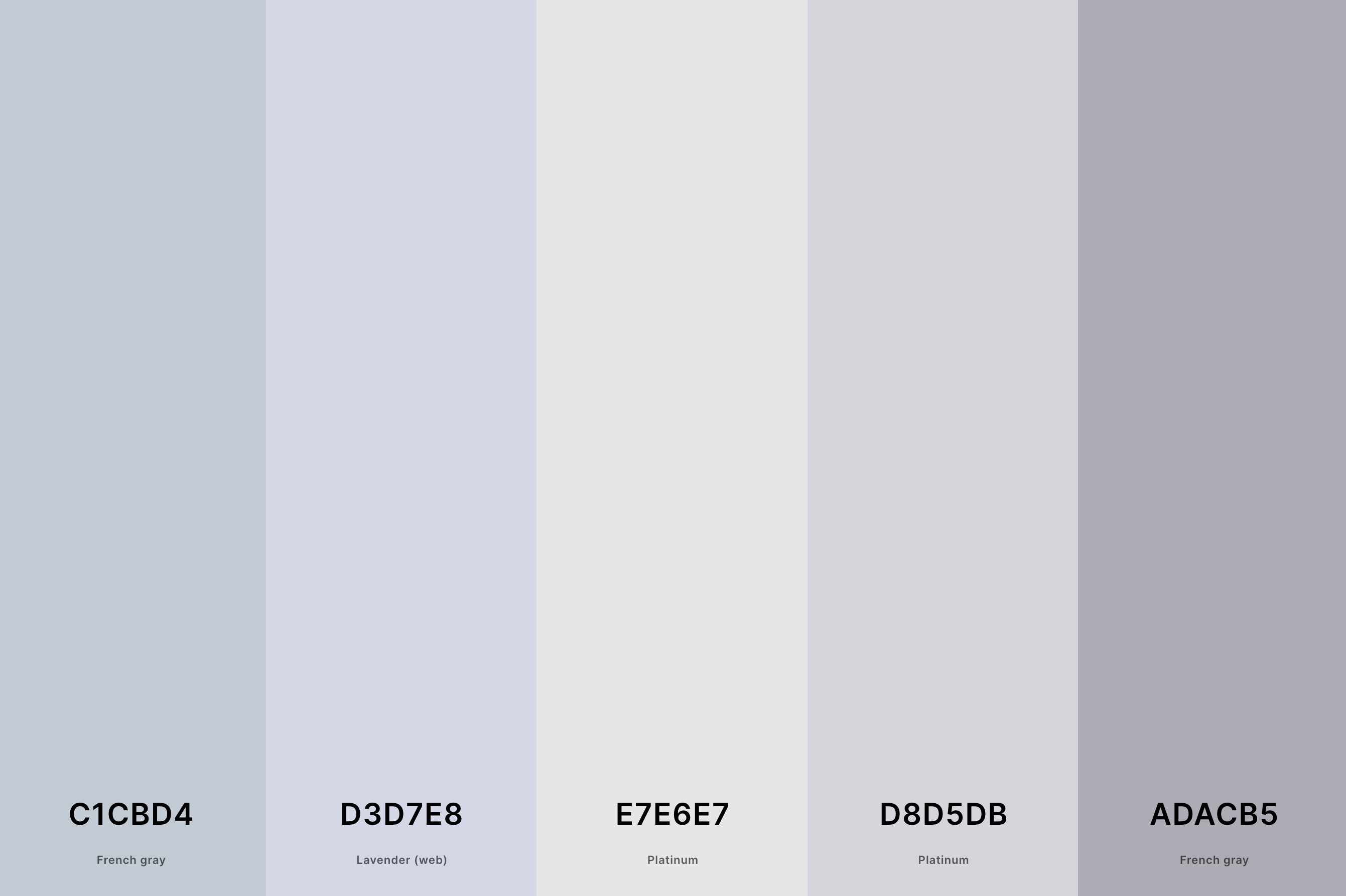 21. Pastel Gray Color Palette Color Palette with French Gray (Hex #C1CBD4) + Lavender (Web) (Hex #D3D7E8) + Platinum (Hex #E7E6E7) + Platinum (Hex #D8D5DB) + French Gray (Hex #ADACB5) Color Palette with Hex Codes