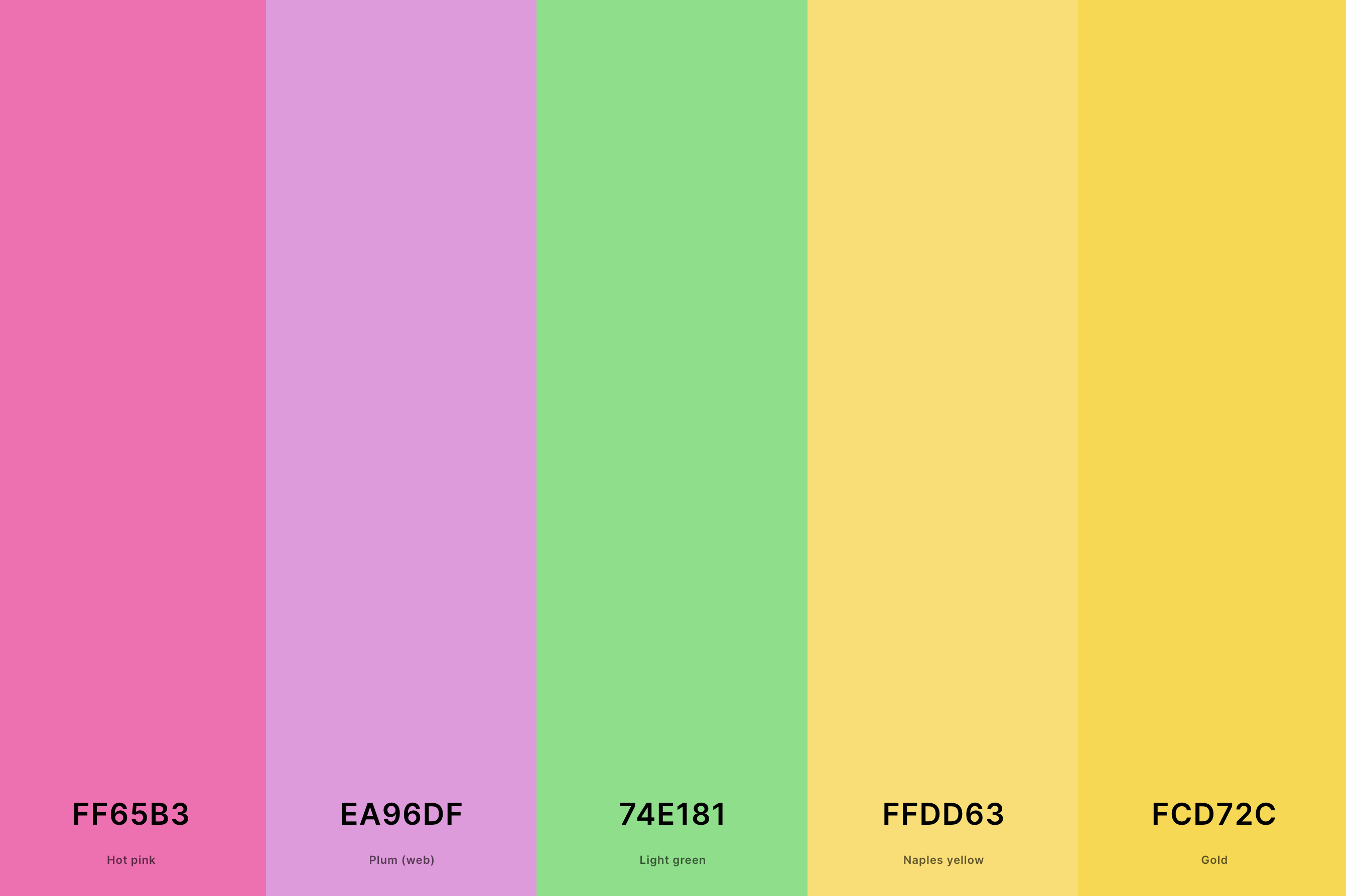 21. Pink, Green And Yellow Color Palette Color Palette with Hot Pink (Hex #FF65B3) + Plum (Web) (Hex #EA96DF) + Light Green (Hex #74E181) + Naples Yellow (Hex #FFDD63) + Gold (Hex #FCD72C) Color Palette with Hex Codes