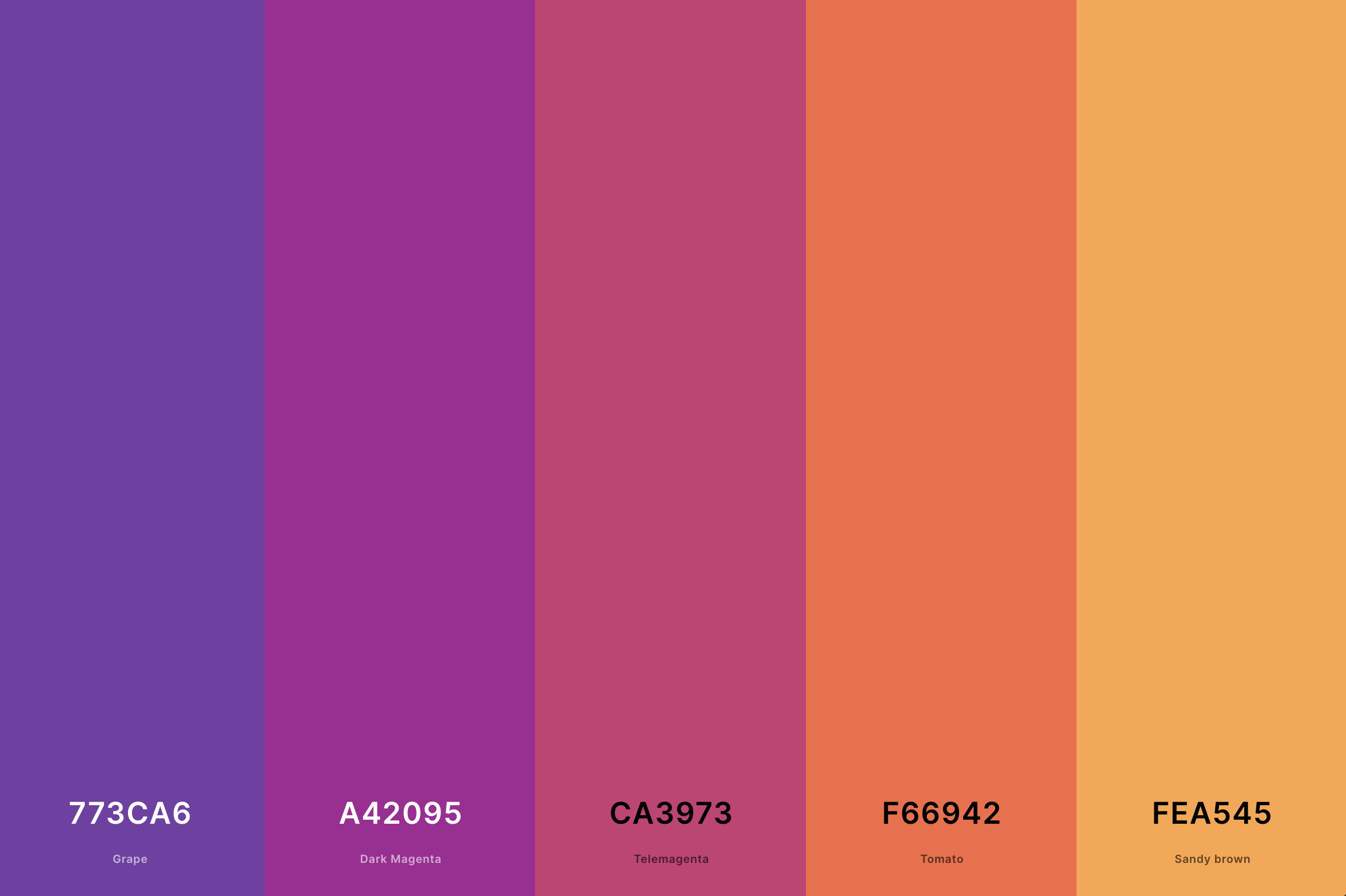 21. Purple Sunset Color Palette Color Palette with Grape (Hex #773CA6) + Dark Magenta (Hex #A42095) + Telemagenta (Hex #CA3973) + Tomato (Hex #F66942) + Sandy Brown (Hex #FEA545) Color Palette with Hex Codes