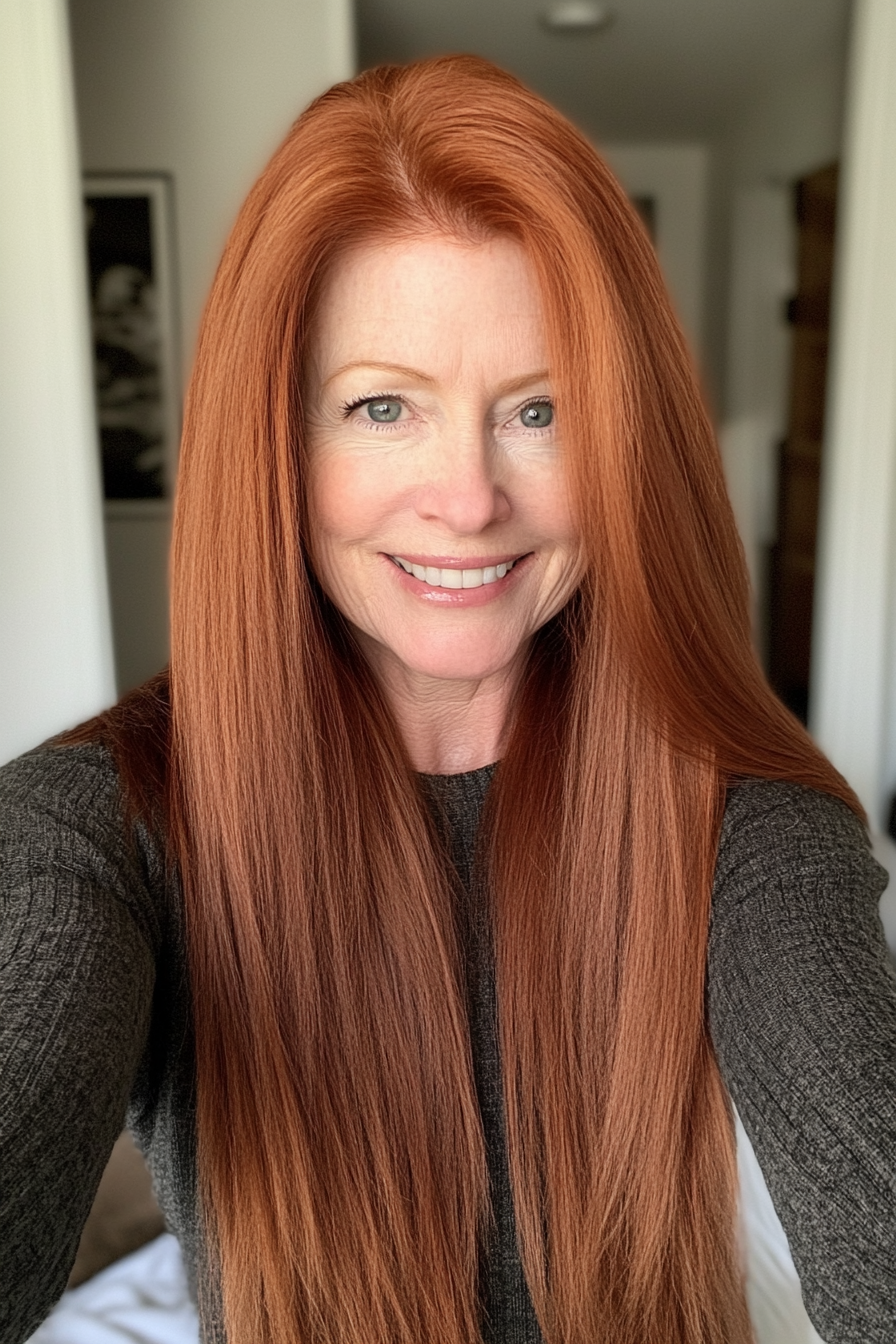 21. Rich Auburn Straight Cut (Long Haircuts For Women Over 50) - Long Haircuts For Women Over 50