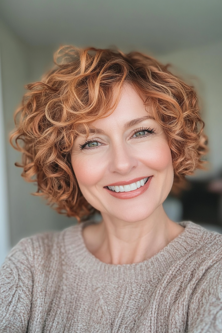 21. Rose Gold Soft Curly Bob (Short Curly Hairstyles For Women Over 50) - Short Curly Hairstyles For Women Over 50