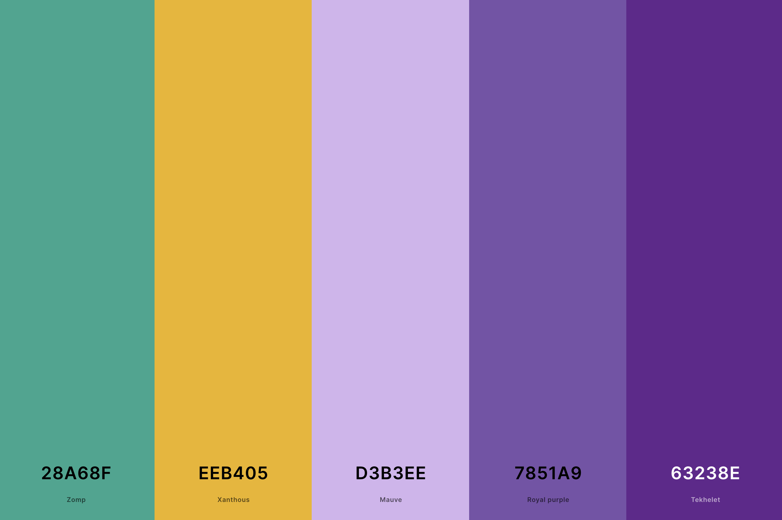 21. Royal Purple And Gold Color Palette Color Palette with Zomp (Hex #28A68F) + Xanthous (Hex #EEB405) + Mauve (Hex #D3B3EE) + Royal Purple (Hex #7851A9) + Tekhelet (Hex #63238E) Color Palette with Hex Codes