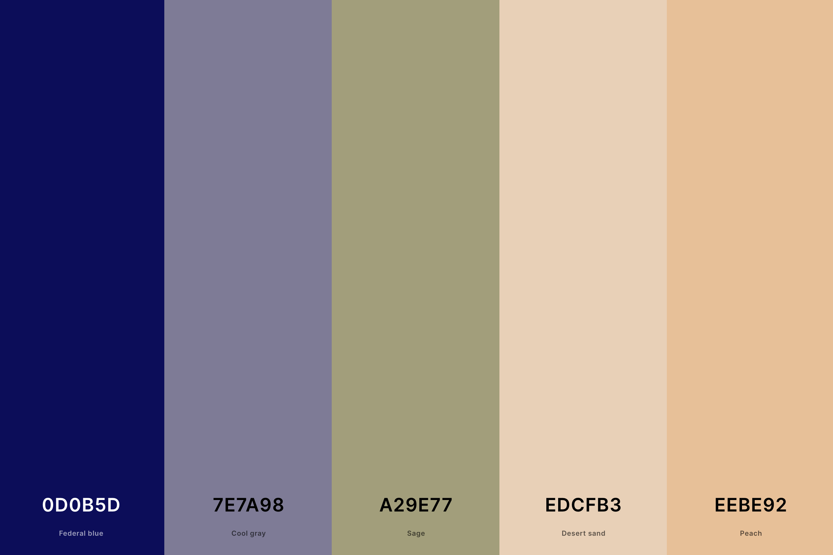 21. Sage Green, Navy and Peach Color Palette Color Palette with Federal Blue (Hex #0D0B5D) + Cool Gray (Hex #7E7A98) + Sage (Hex #A29E77) + Desert Sand (Hex #EDCFB3) + Peach (Hex #EEBE92) Color Palette with Hex Codes