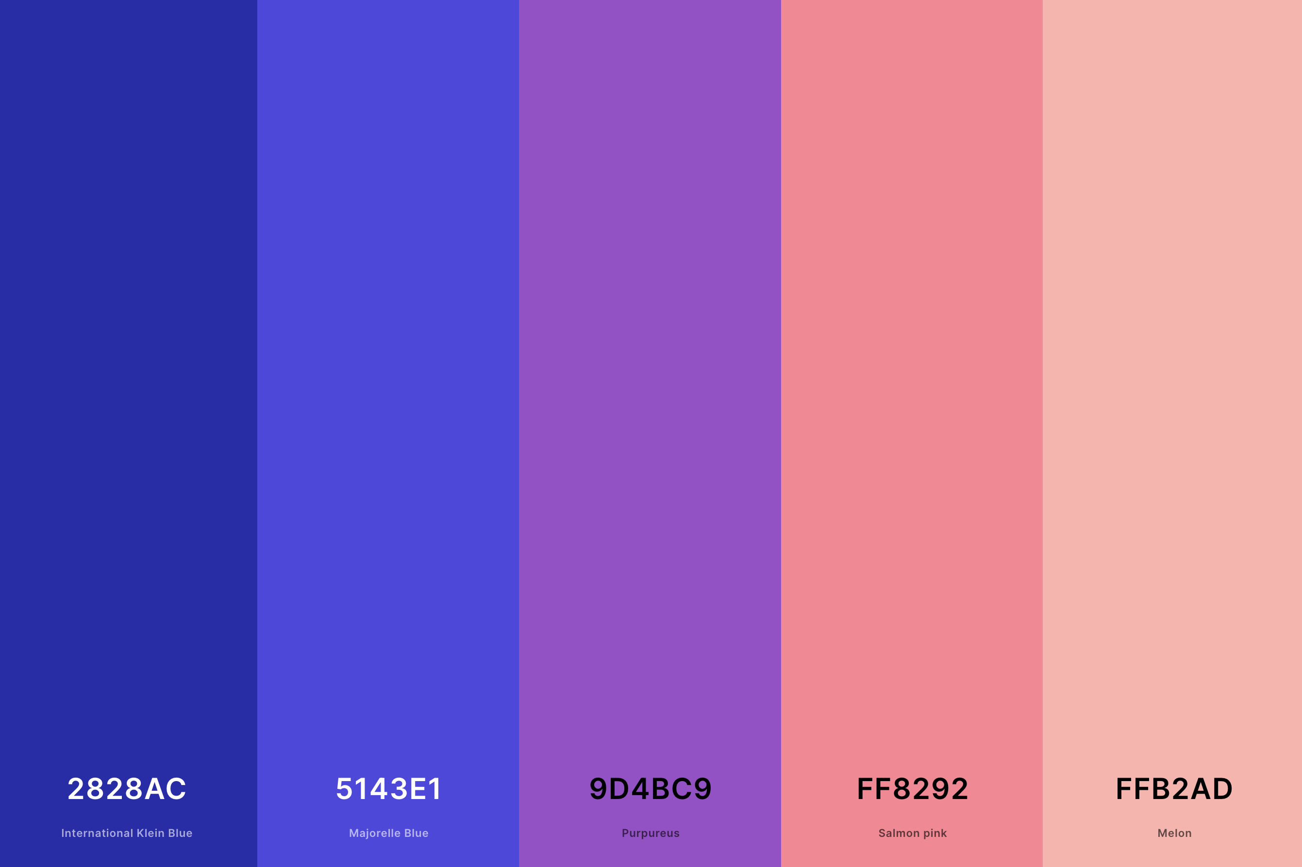 21. Sunset Sky Color Palette Color Palette with International Klein Blue (Hex #2828AC) + Majorelle Blue (Hex #5143E1) + Purpureus (Hex #9D4BC9) + Salmon Pink (Hex #FF8292) + Melon (Hex #FFB2AD) Color Palette with Hex Codes