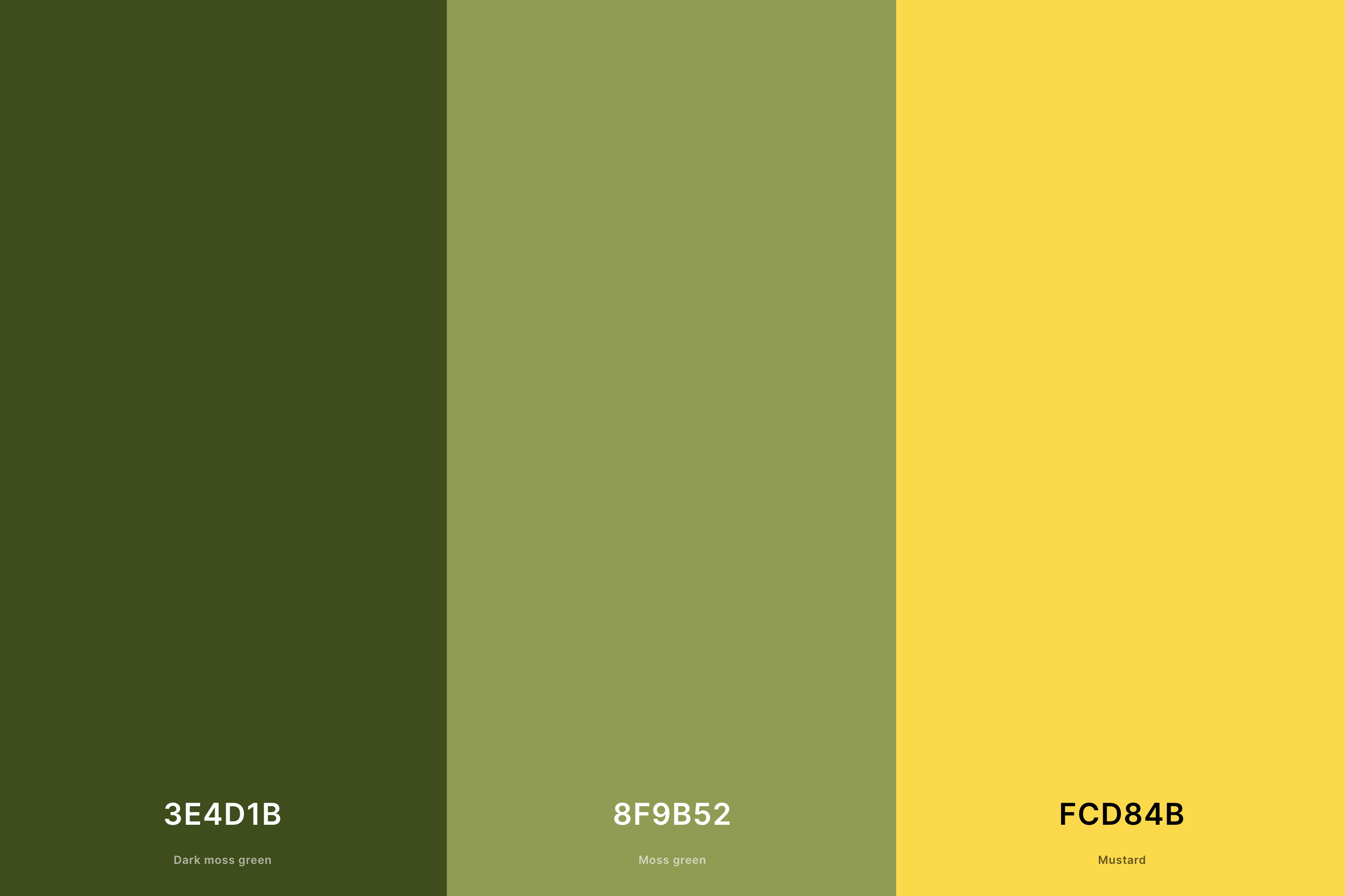 21. Sunshine Yellow and Vibrant Green Color Palette with Dark Moss Green (Hex #3E4D1B) + Moss Green (Hex #8F9B52) + Mustard (Hex #FCD84B) with Hex Codes