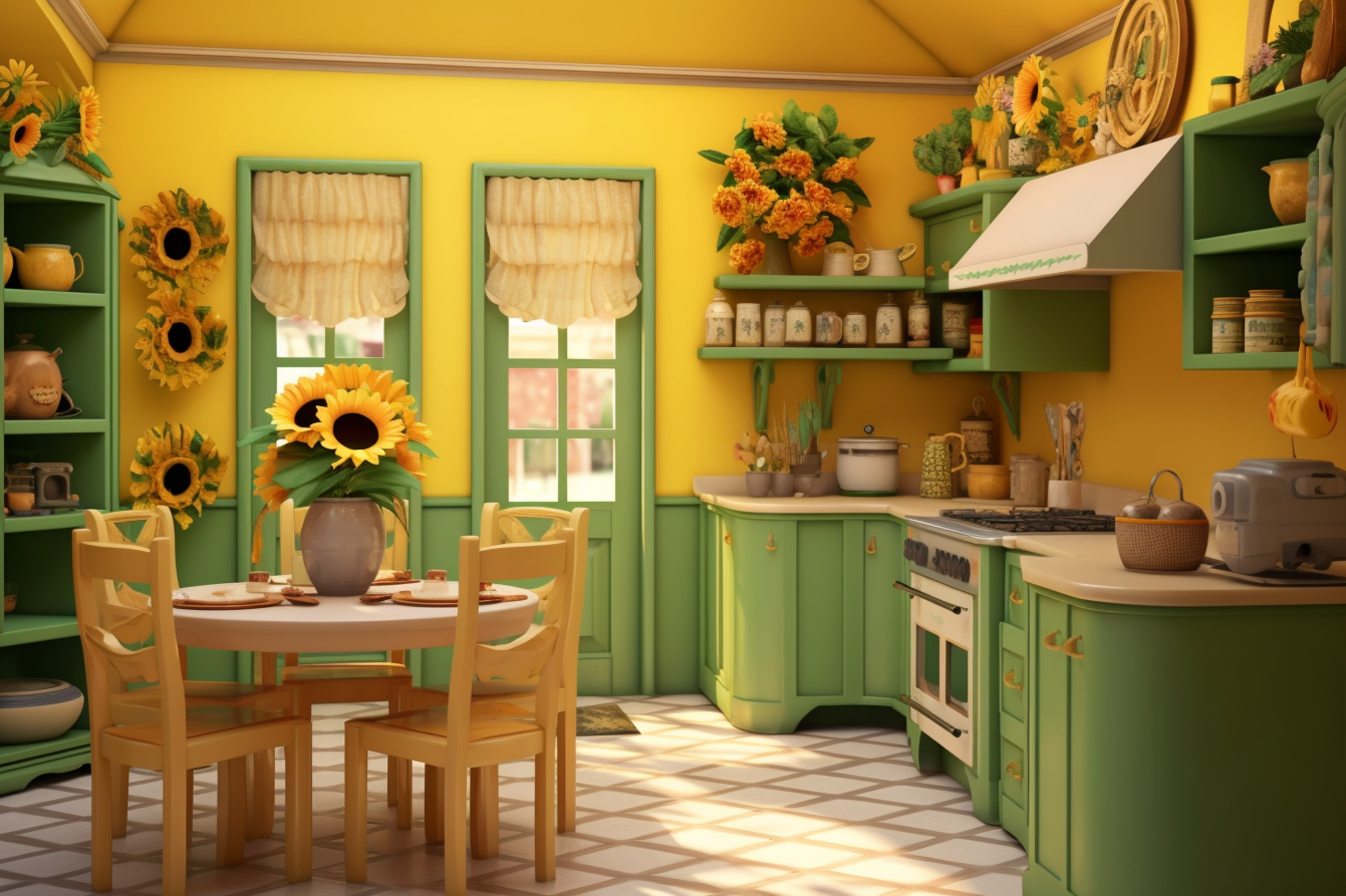 21. Sunshine Yellow and Vibrant Green Scheme. A kitchen that brings a literal slice of sunshine indoors with its yellow walls and vibrant green accents.